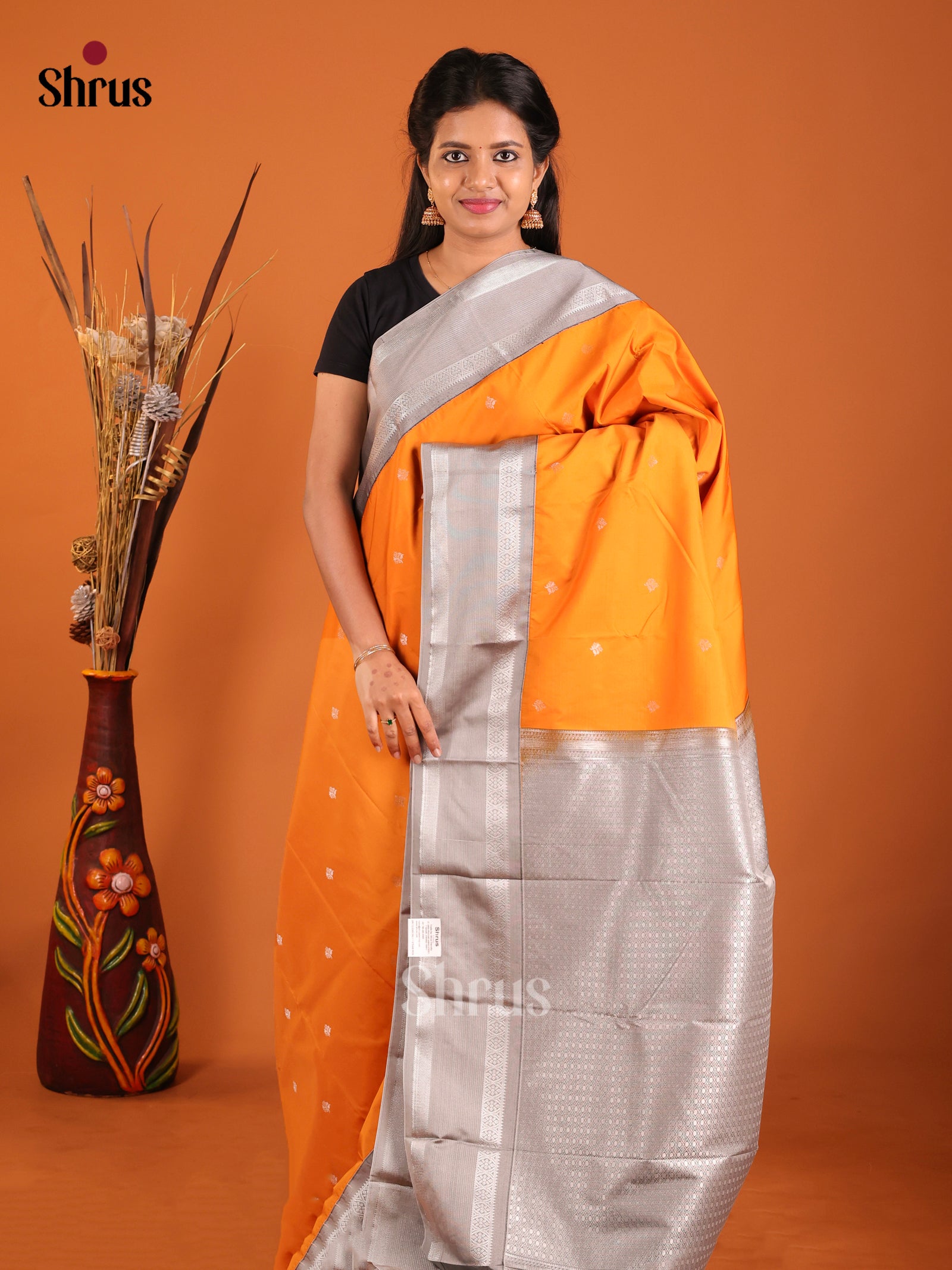 Mambazha Yellow & Grey - Semi Kanchipuram Saree - Shop on Shrus.com