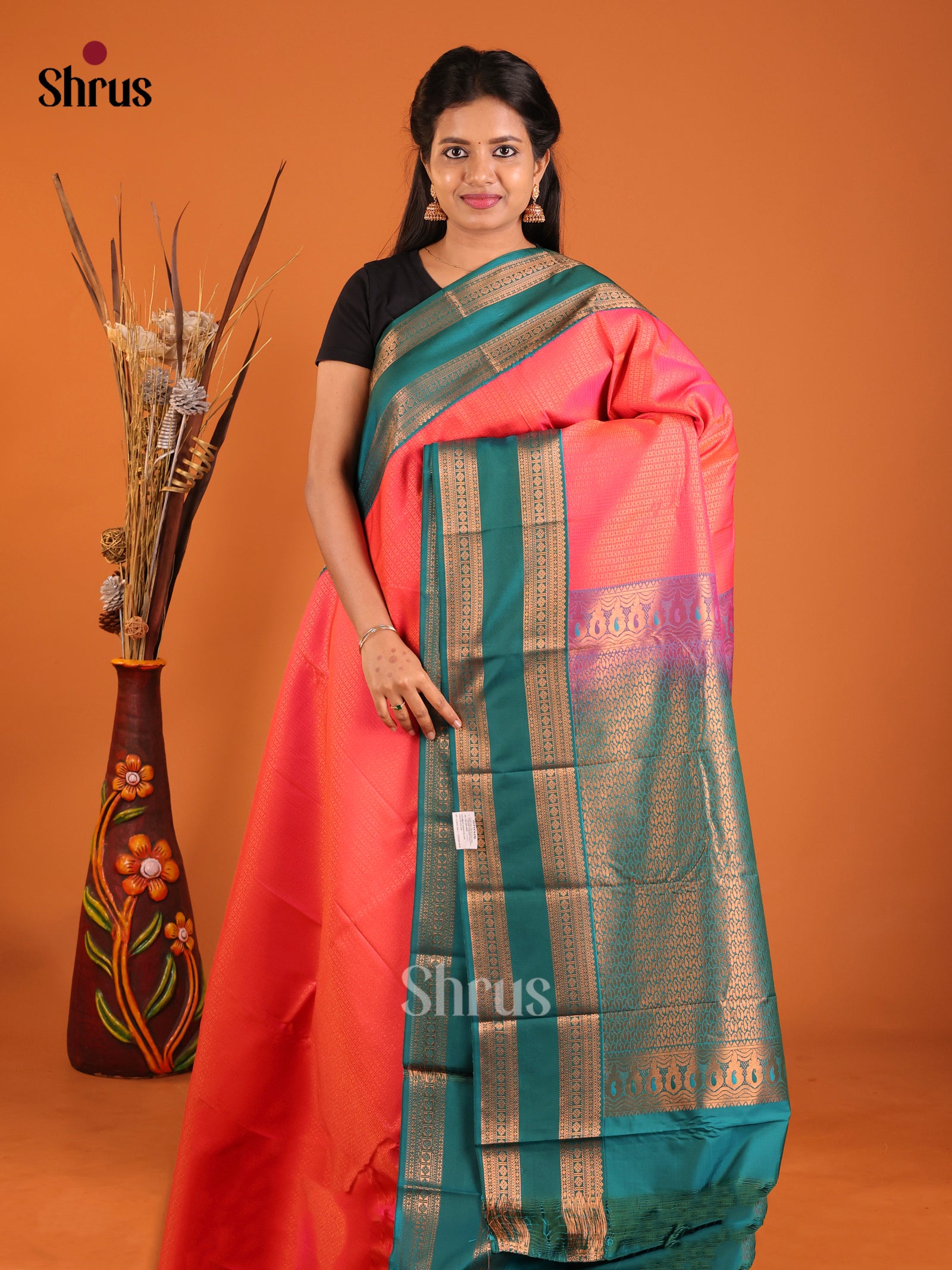 Orange & Green- Semi Kanchipuram Saree - Shop on Shrus.com