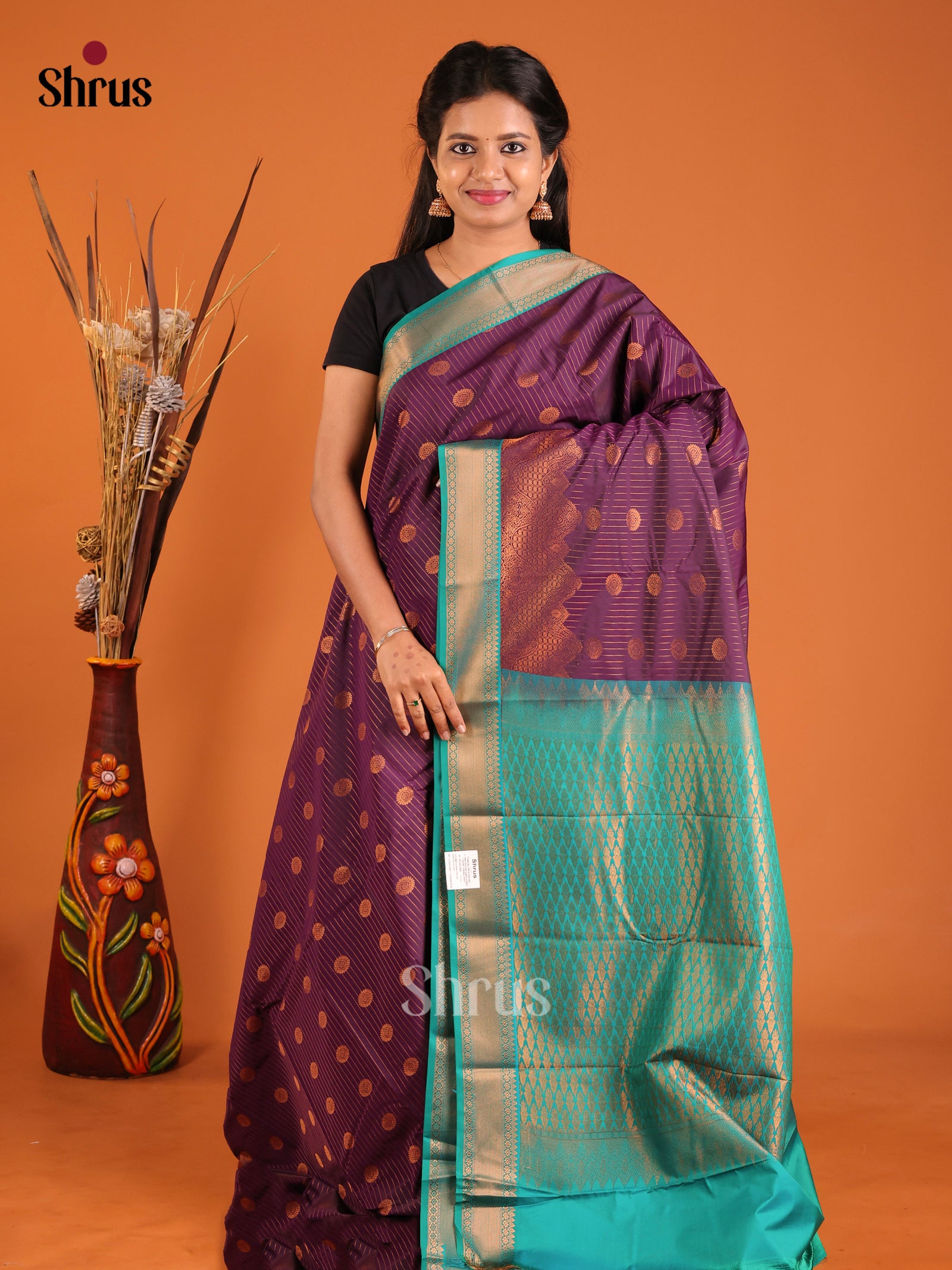 Purple & Green - Semi Kanchipuram Saree - Shop on Shrus.com