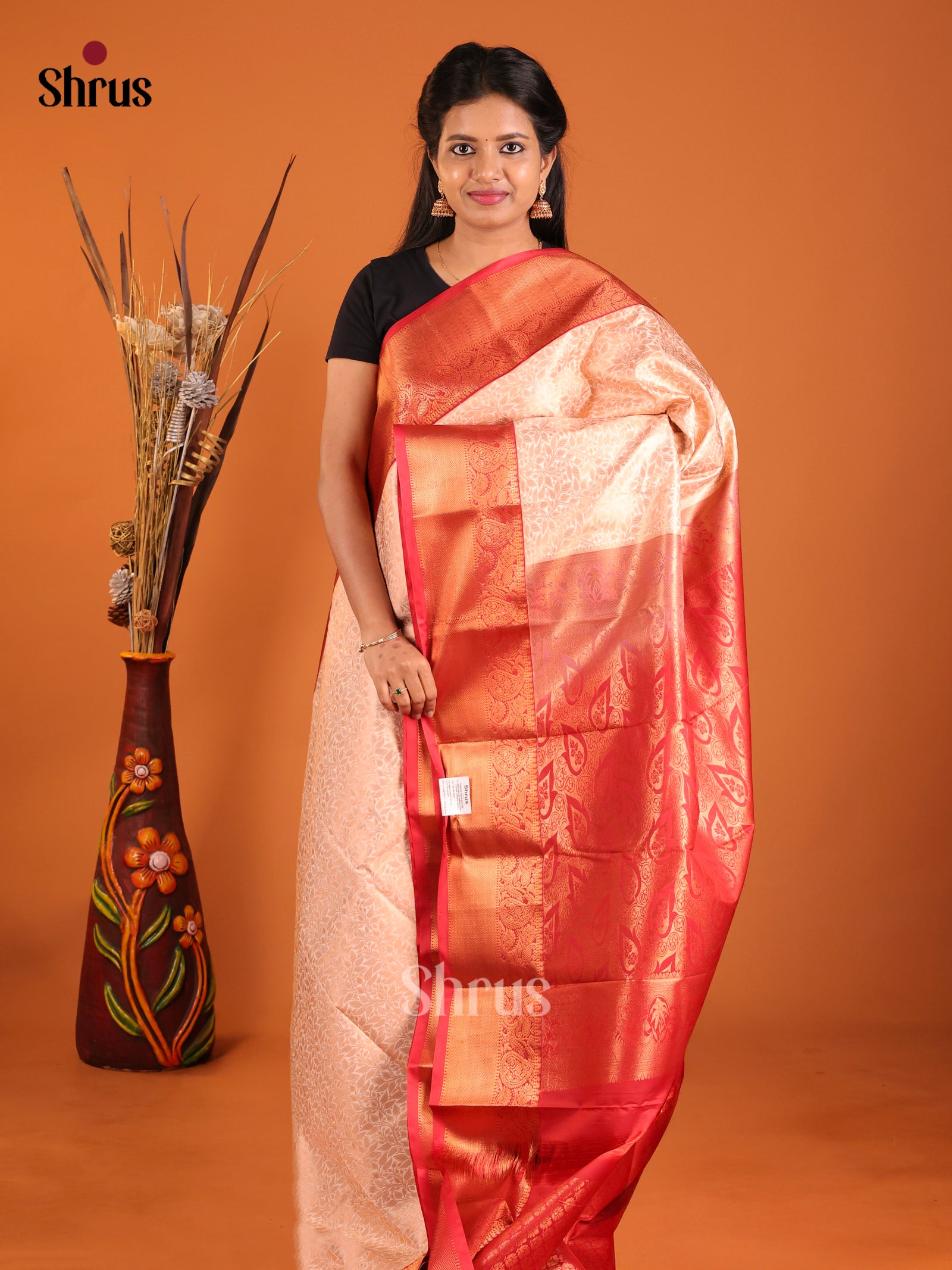 Cream & Red - Semi Kanchipuram Saree