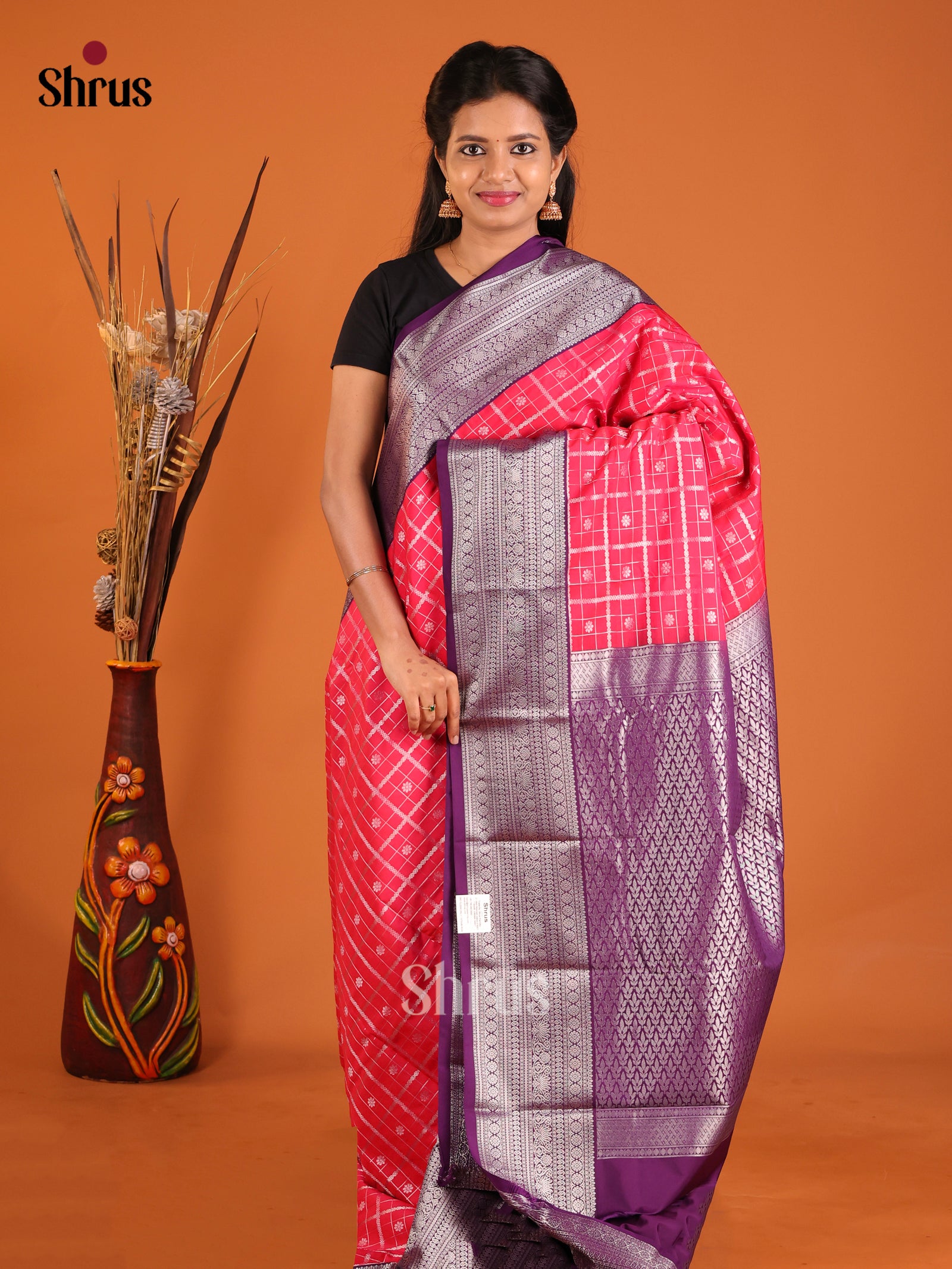Pink & Purple- Semi Kanchipuram Saree - Shop on Shrus.com