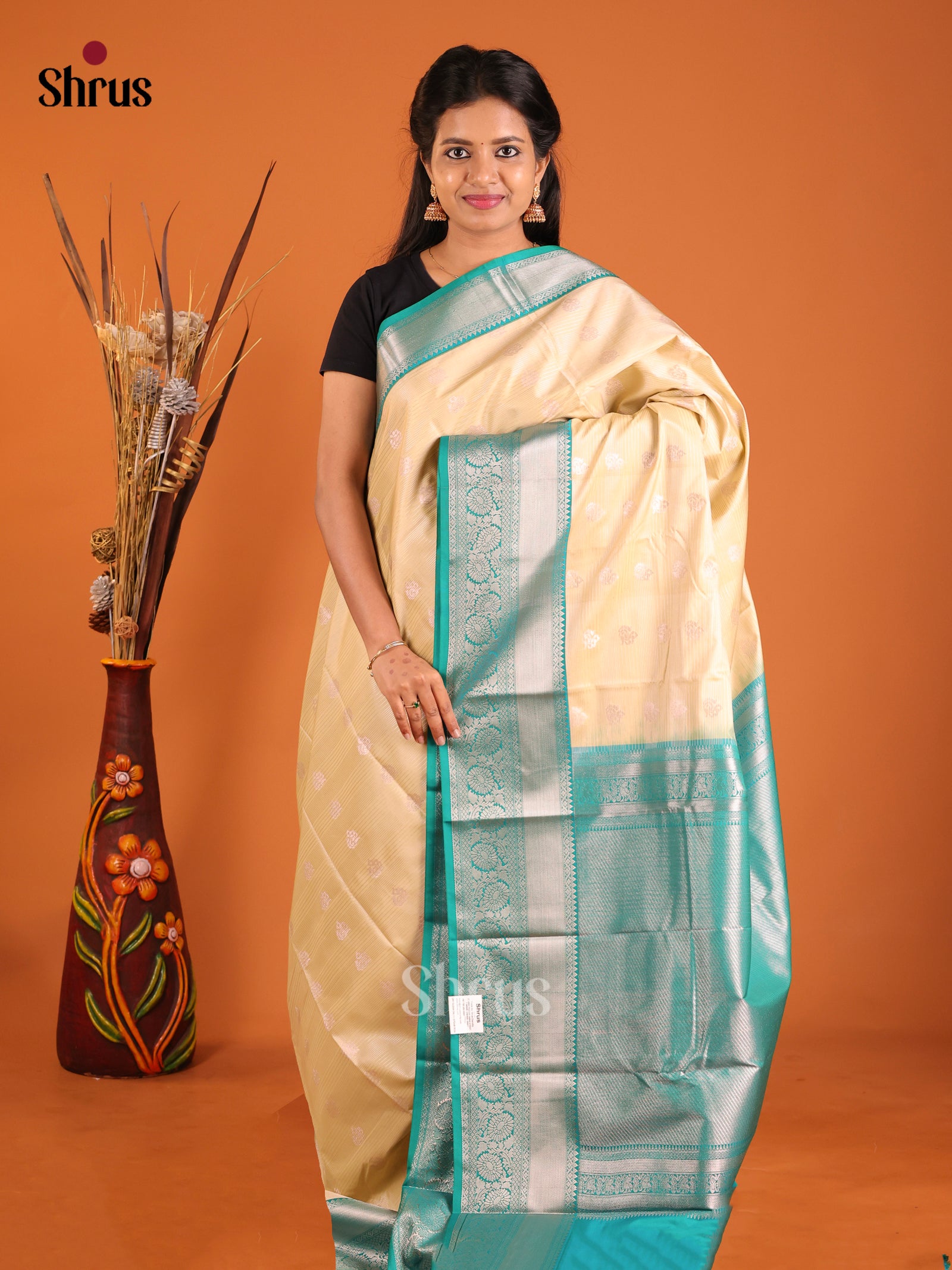 Cream & Green - Semi Kanchipuram Saree