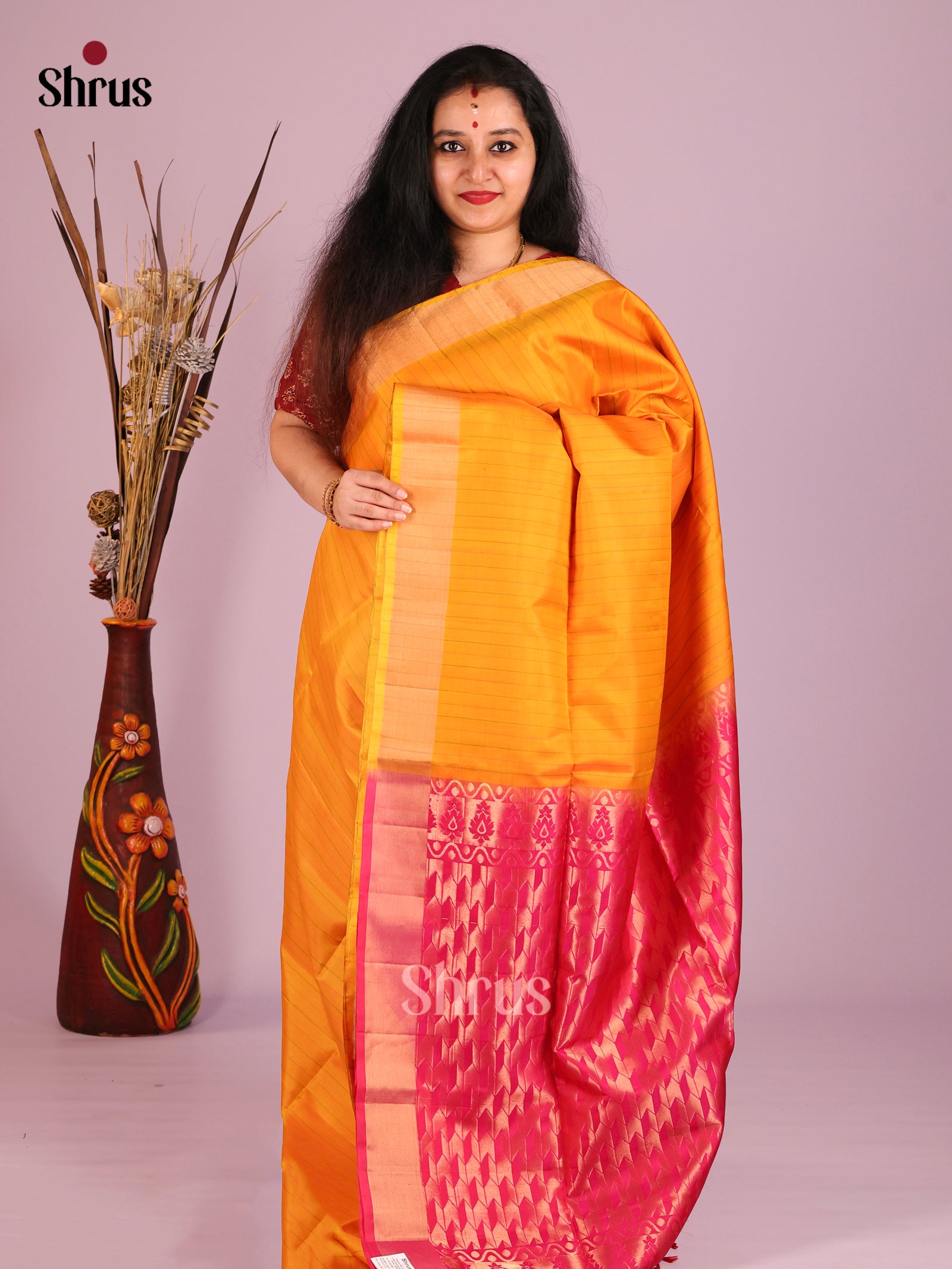 Sheeny Mustard Yellow Soft Silk Saree With Zari Stripes & Pink Brocade Pallu