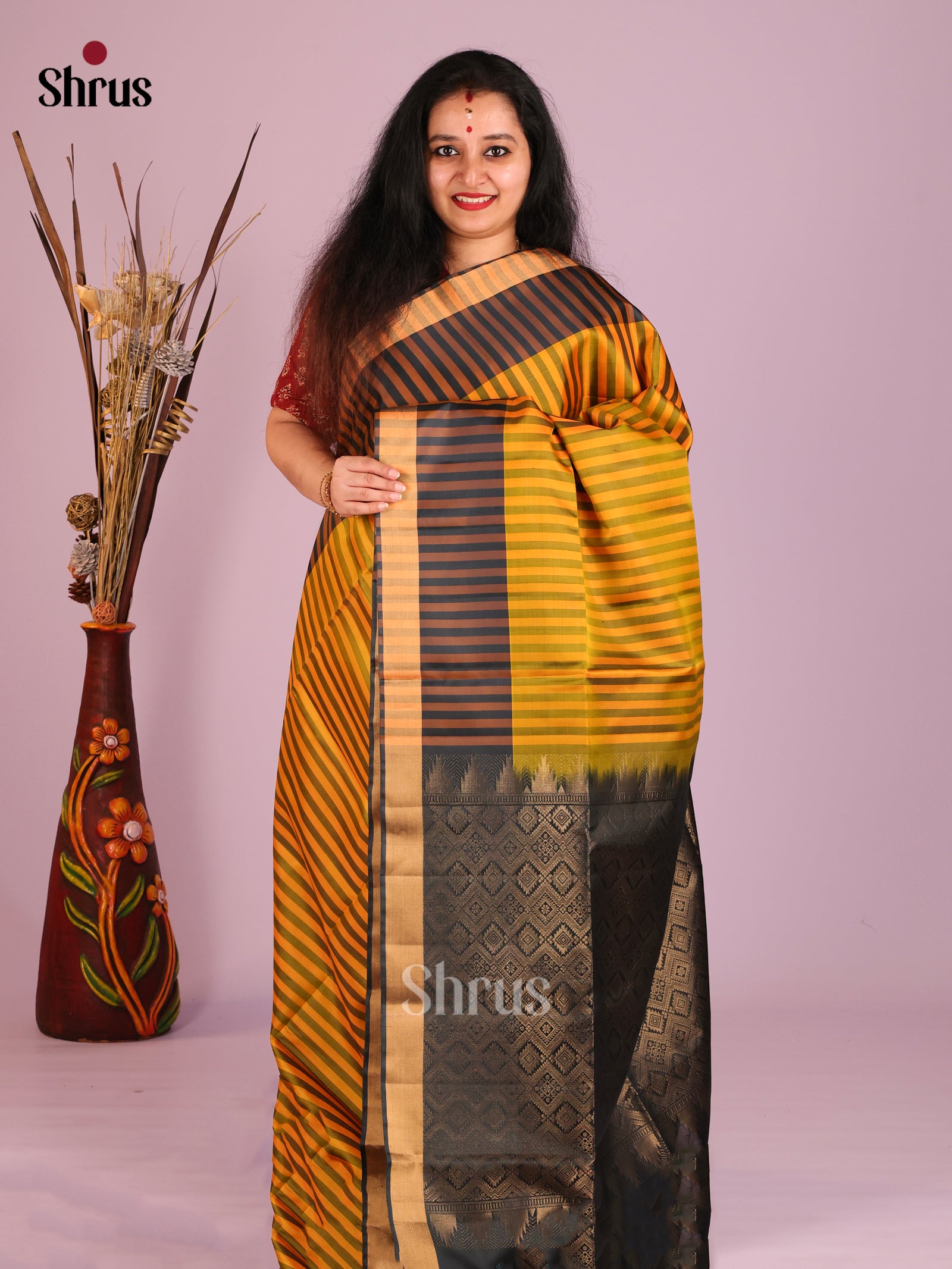 Bold Mustard & Brown Striped Soft Silk Saree With Black Zari Brocade Pallu