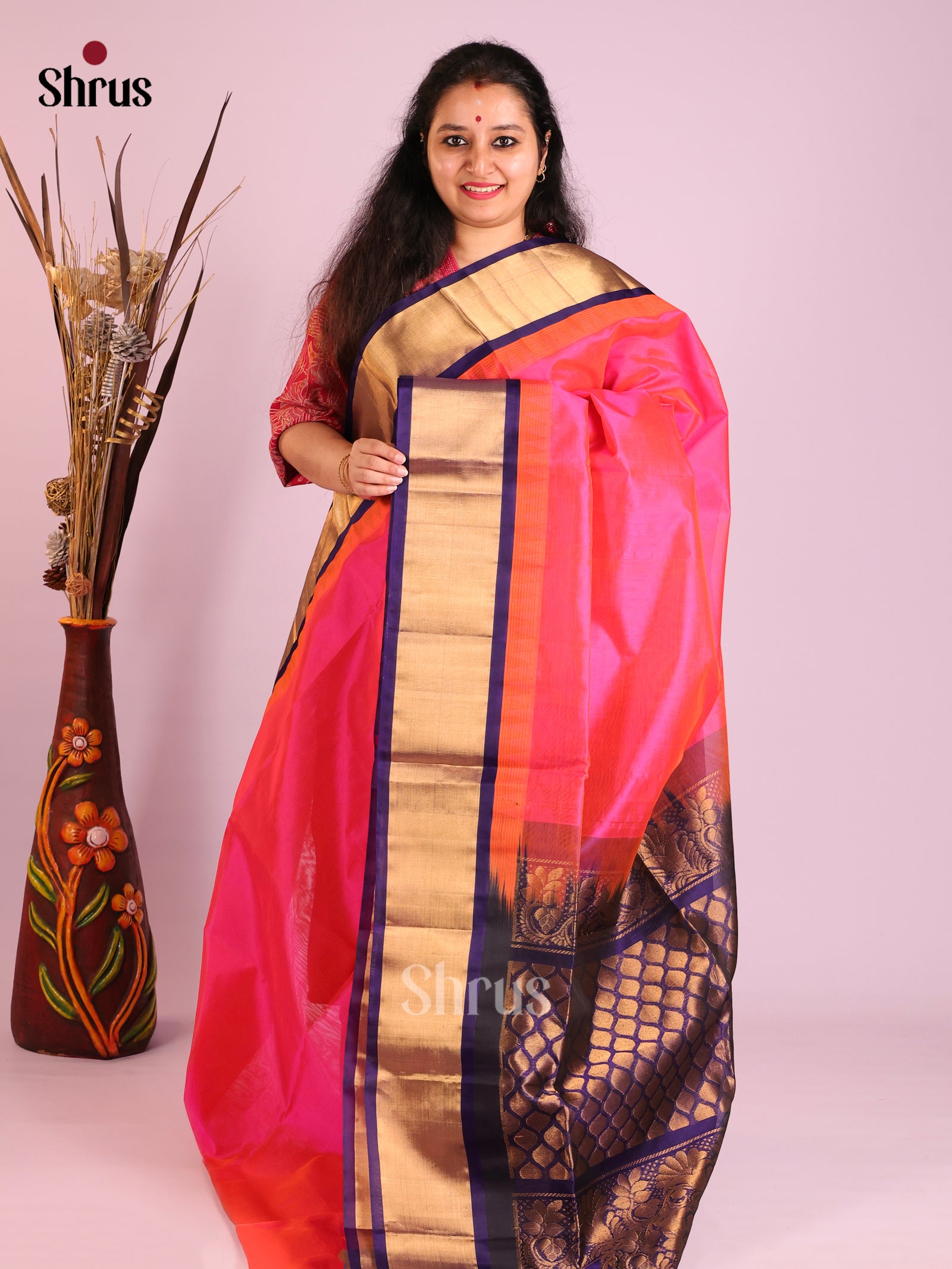 Pink Blue Silk Cotton Saree
