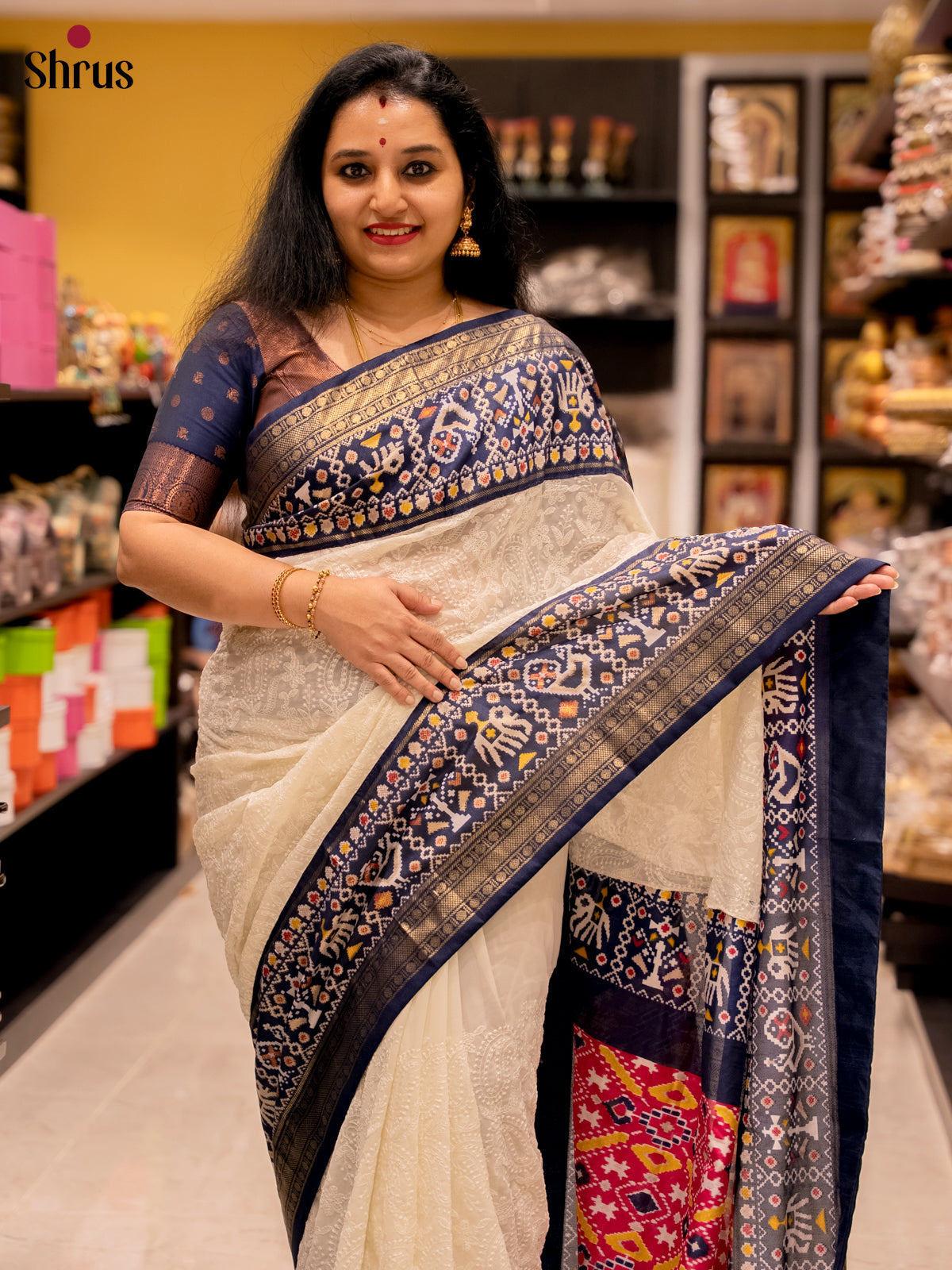 Cream & Blue - Semi Ikkat Saree