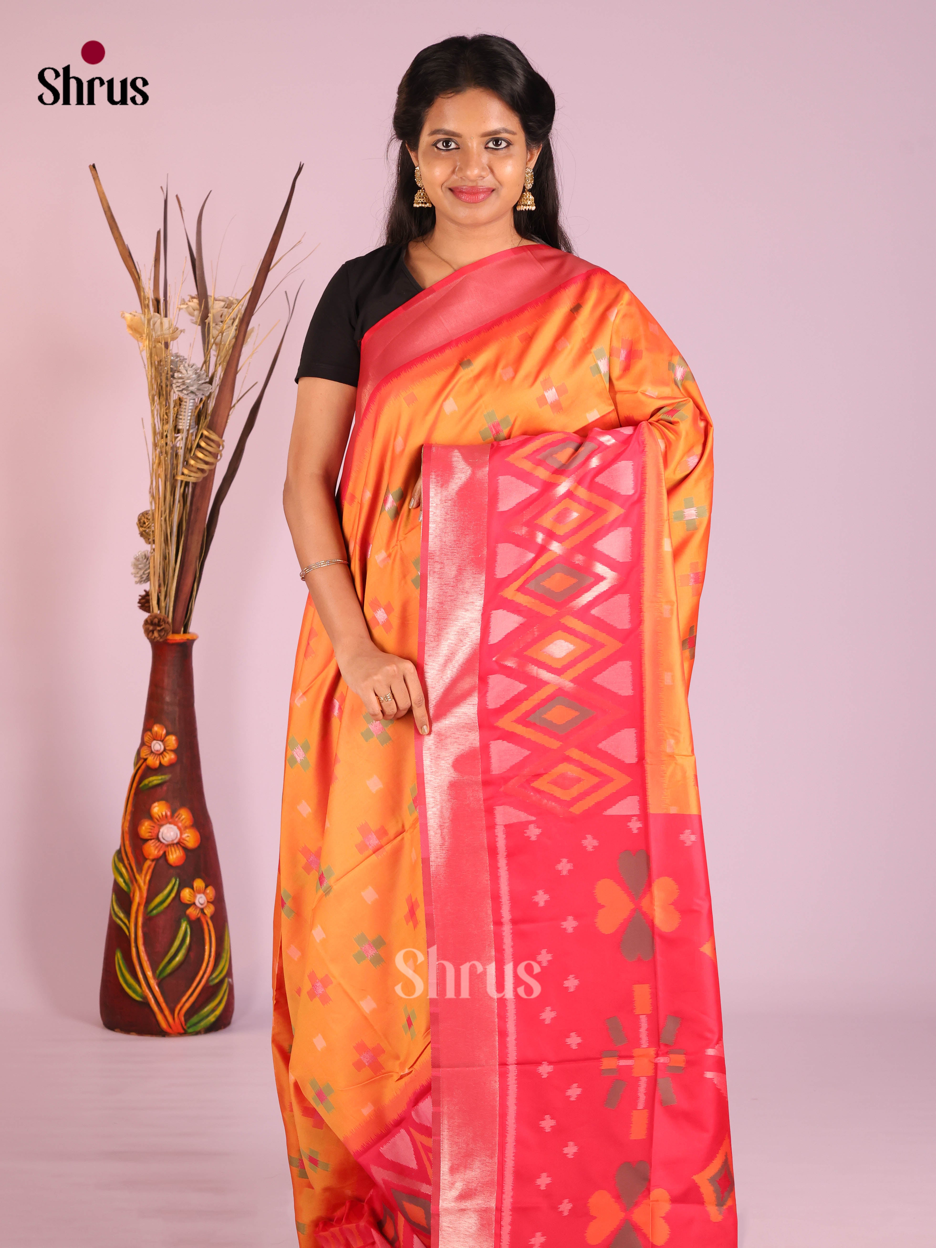 Orange & Red - Semi Softsilk Saree