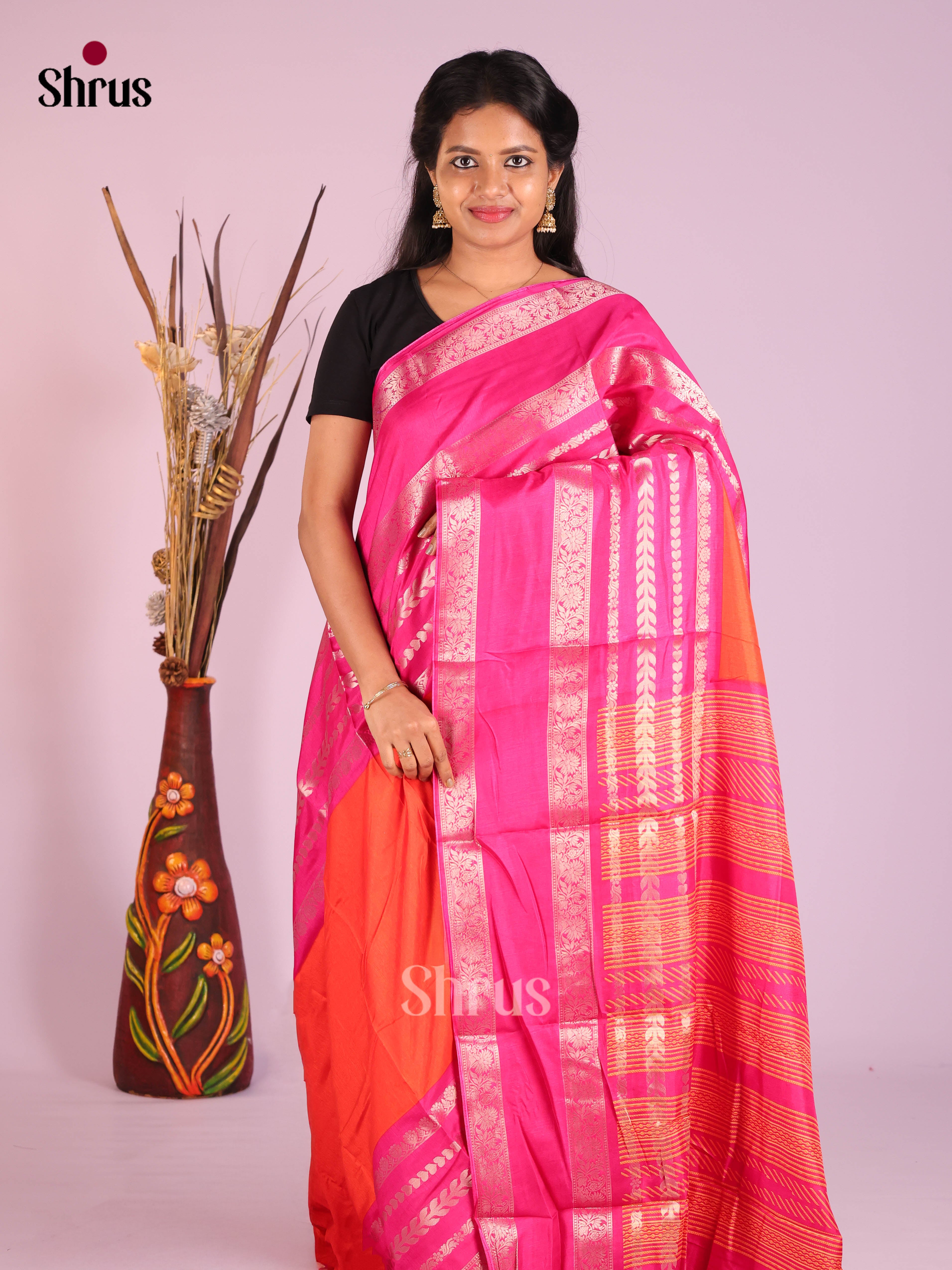 Orange & Pink - Semi Crepe Saree - Shop on Shrus.com