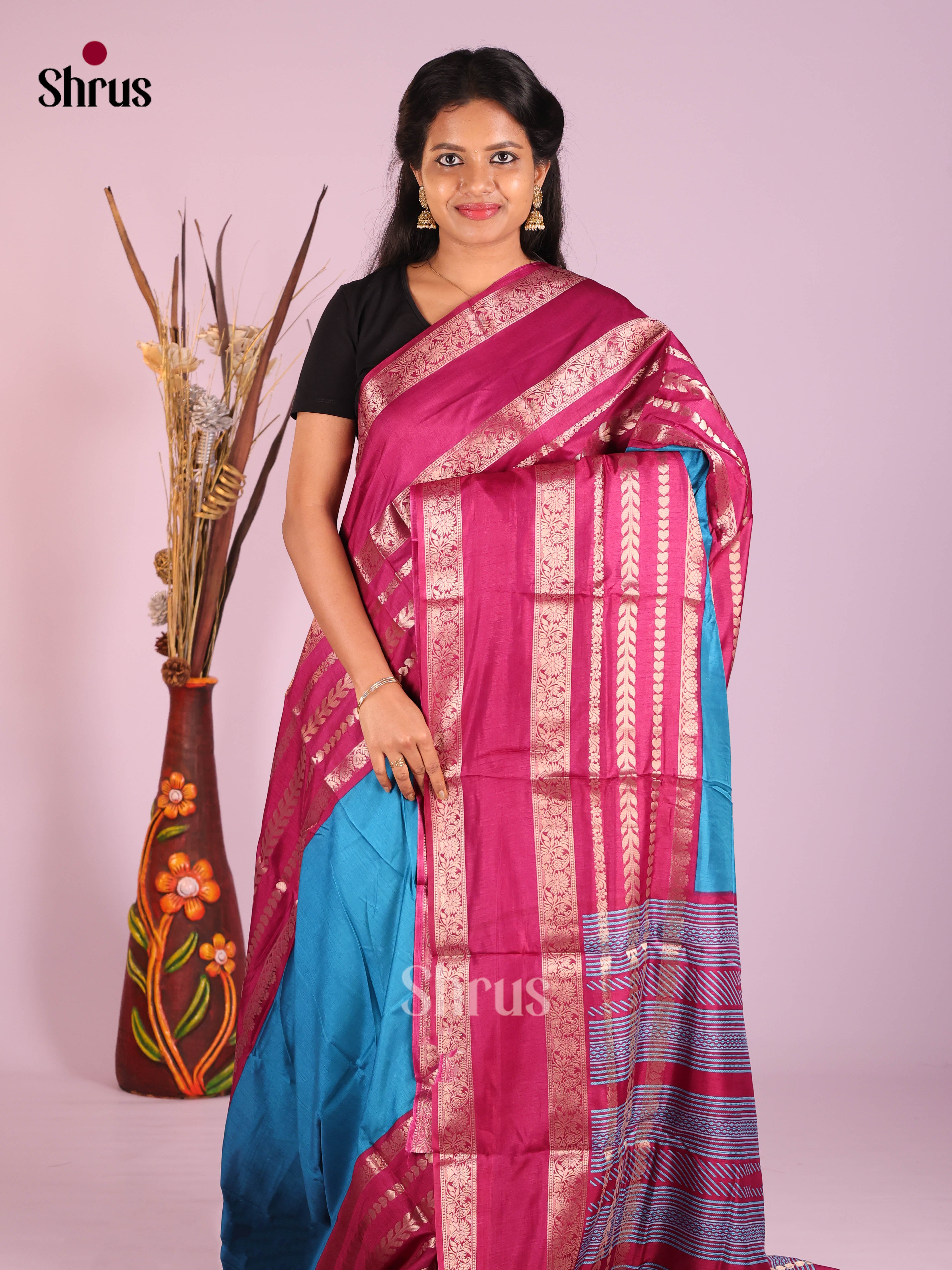 Blue & Maroon- Semi Crepe Saree