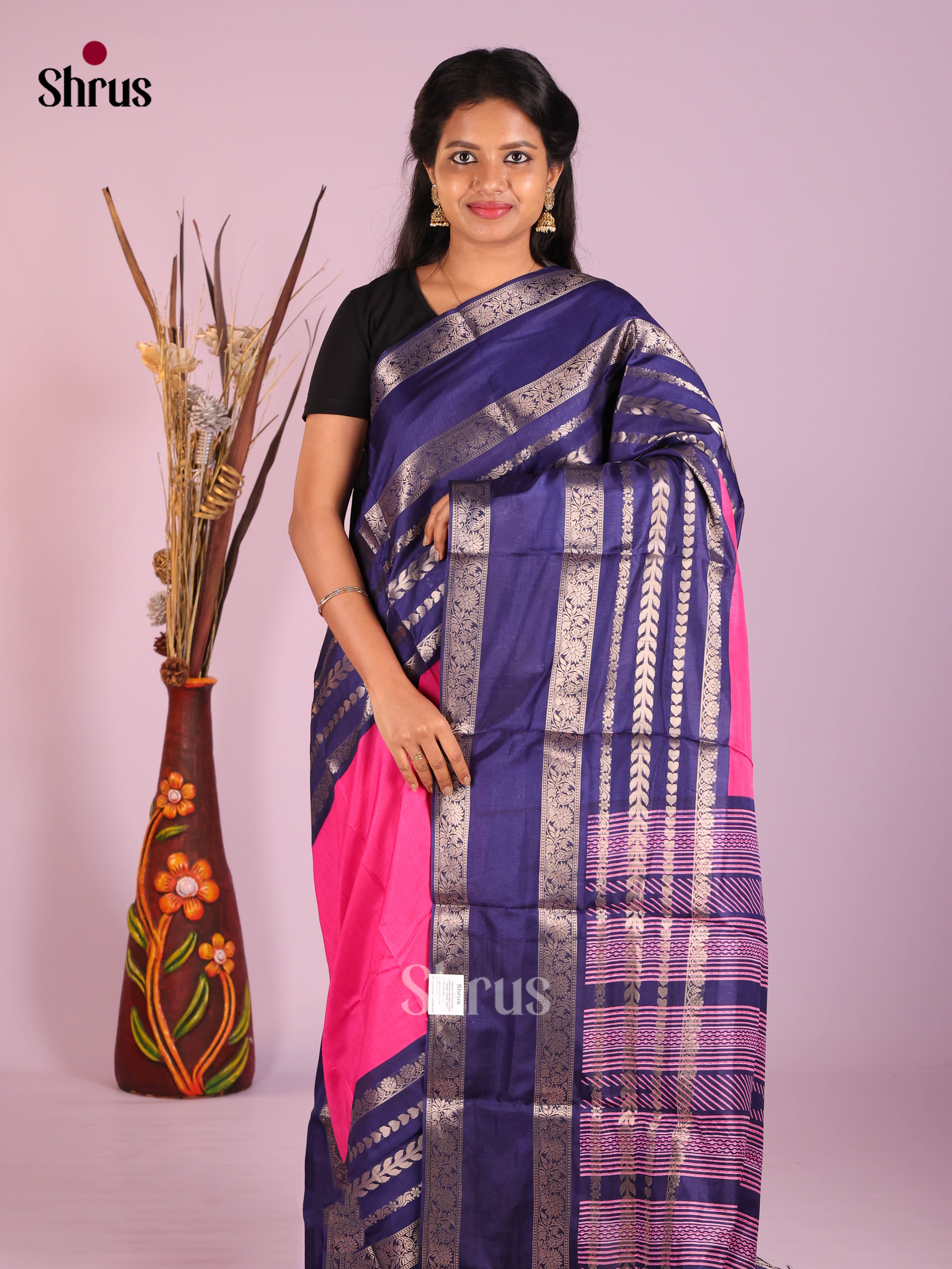 Pink & Blue- Semi Crepe Saree