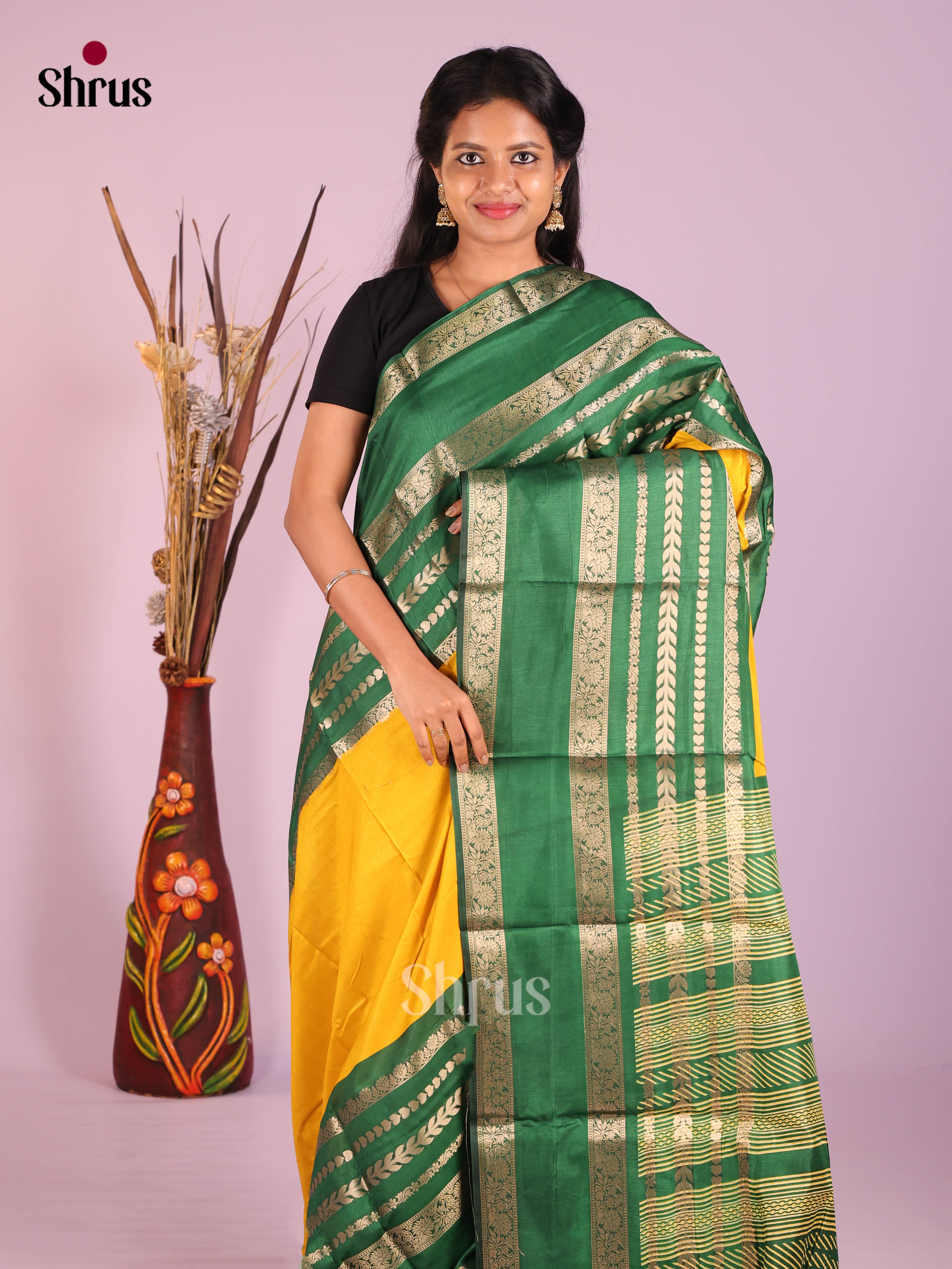 Yellow & Green- Semi Crepe Saree