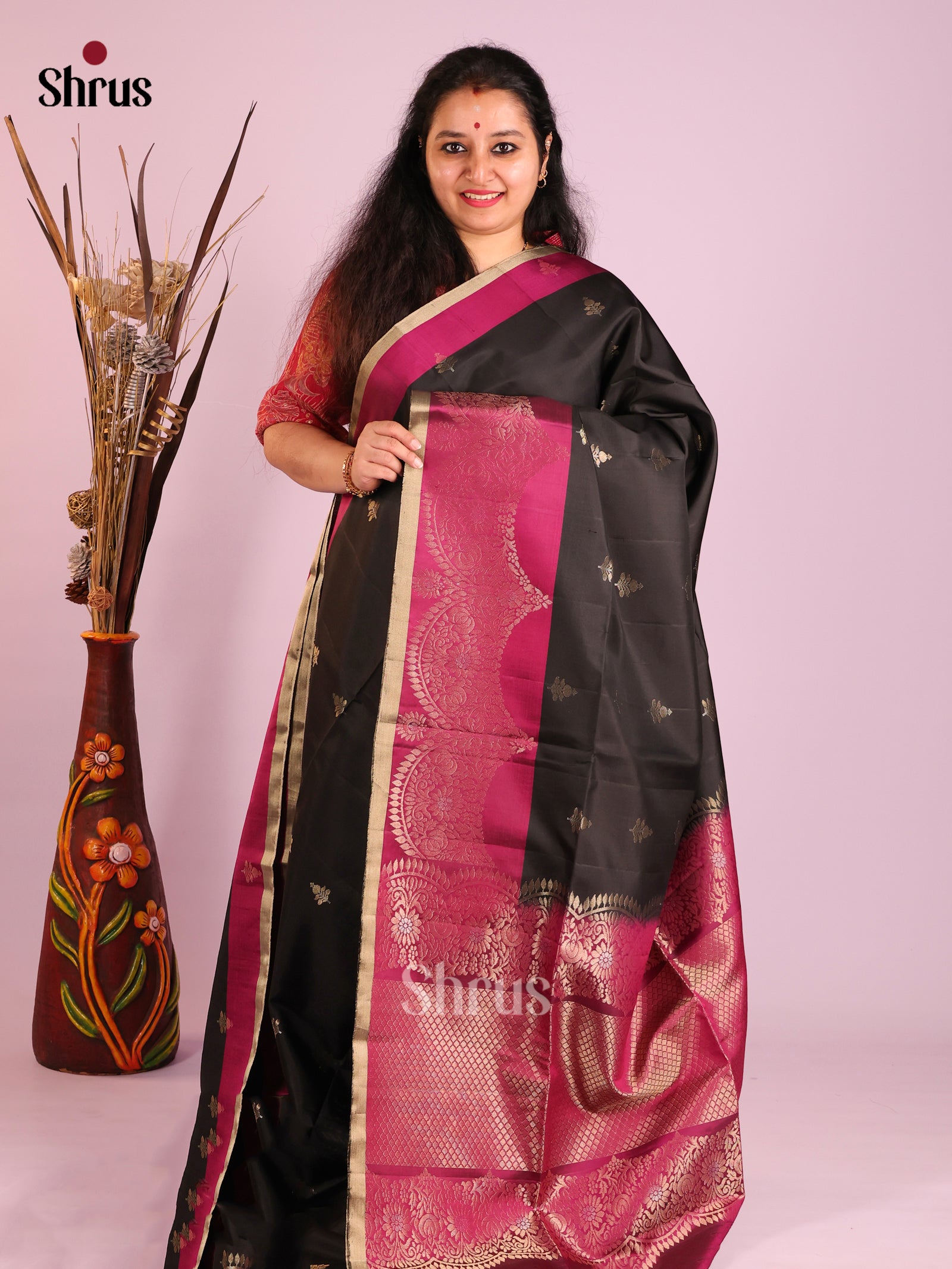 Mystique Black Soft Silk Saree with Zari Motifs & Maroon Brocade Pallu 1