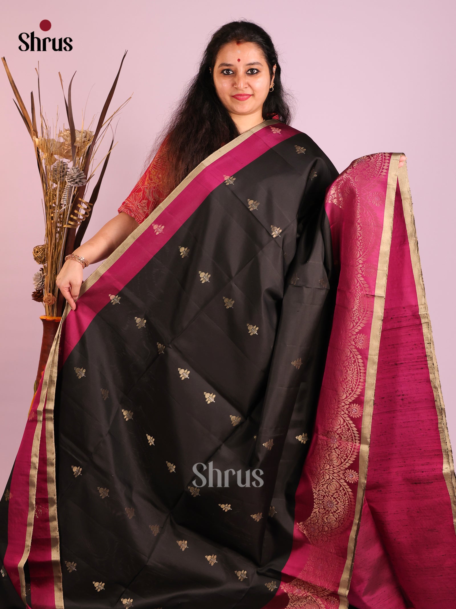 Mystique Black Soft Silk Saree with Zari Motifs & Maroon Brocade Pallu 1