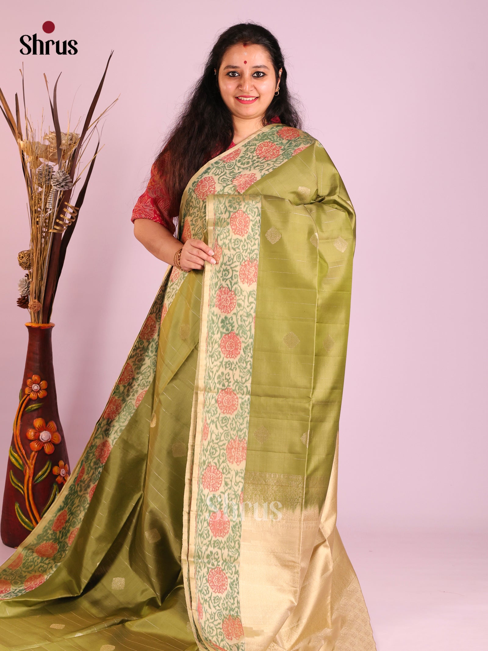 Luxurious Olive Green Soft Silk Saree with Cream floral border