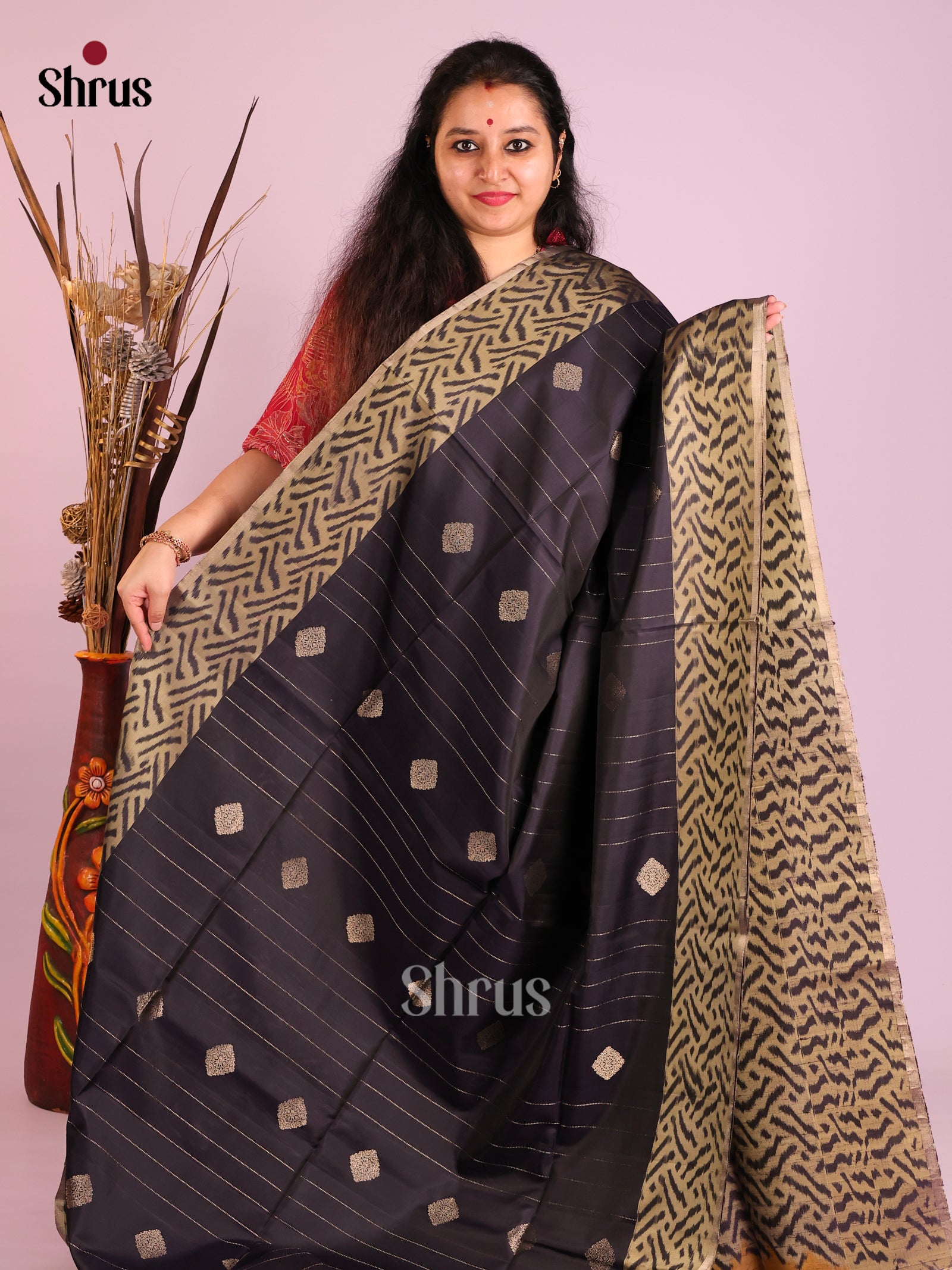 Exquisite Black Soft Silk Saree with gold zari Stripes, buttas & ikkat border 1