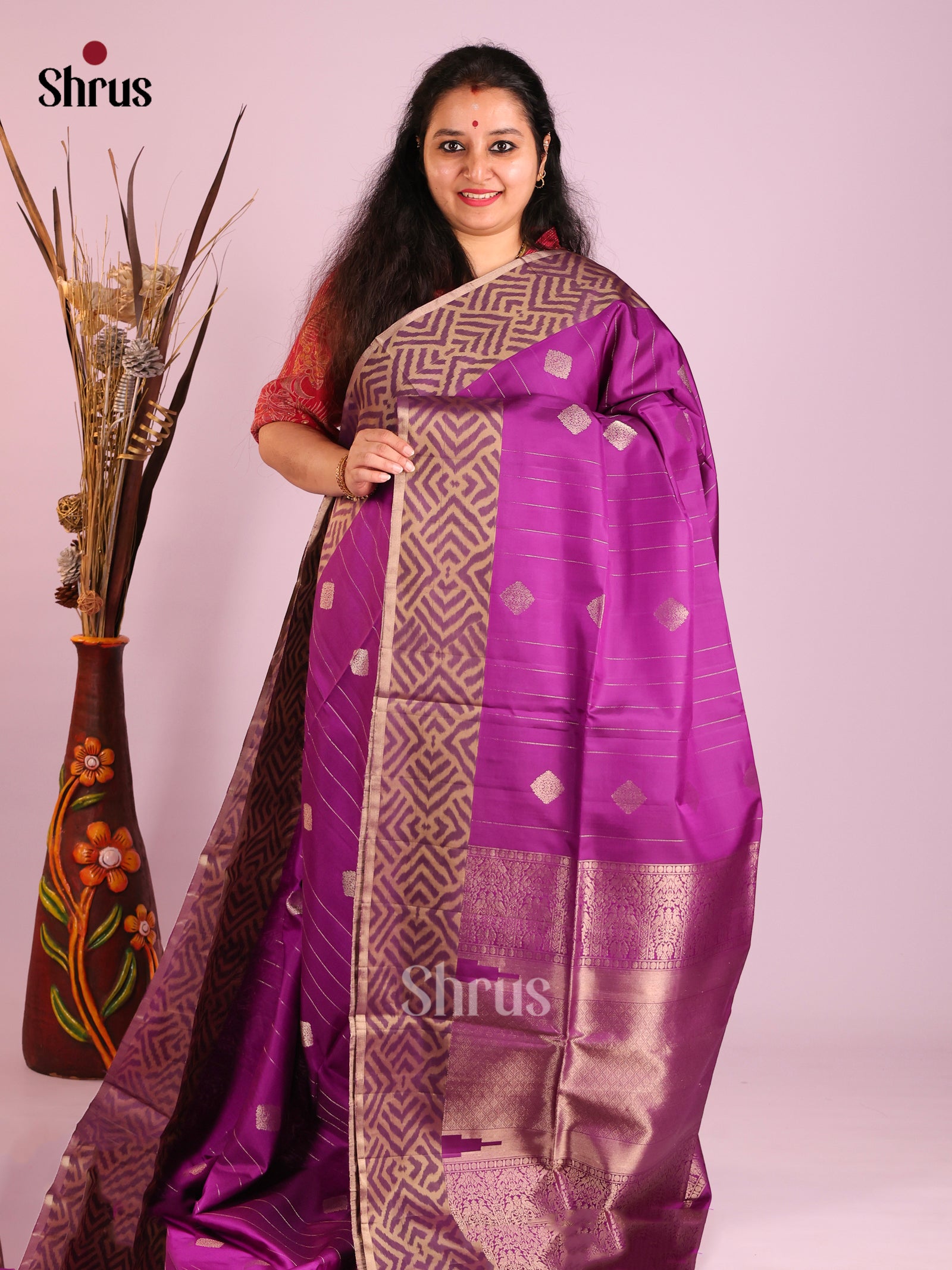 Majestic Purple Soft Silk Saree with gold zari Stripes, buttas & ikkat border