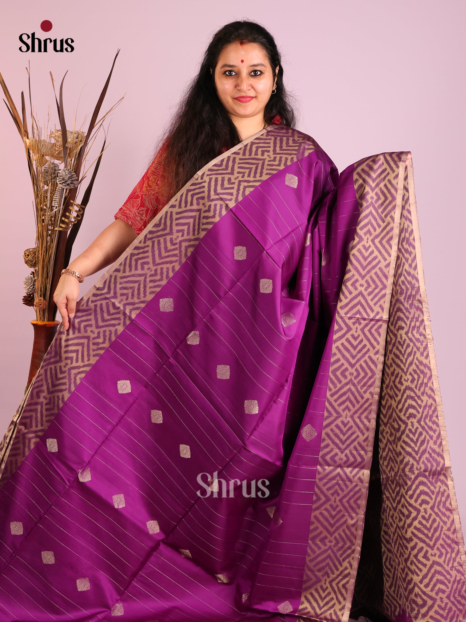 Majestic Purple Soft Silk Saree with gold zari Stripes, buttas & ikkat border 1