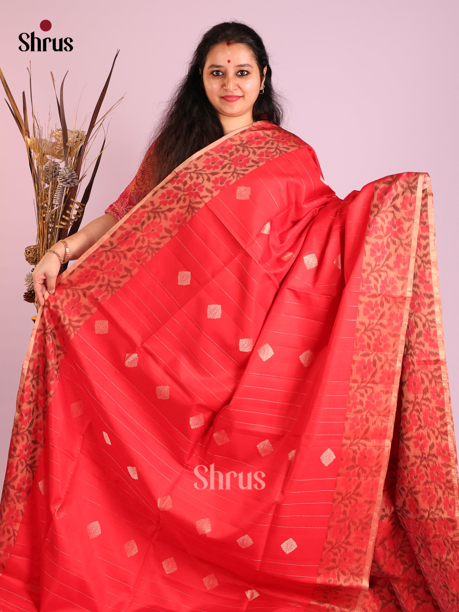 Charming Red Soft Silk Saree with gold zari Stripes, buttas & ikkat Floral border 1