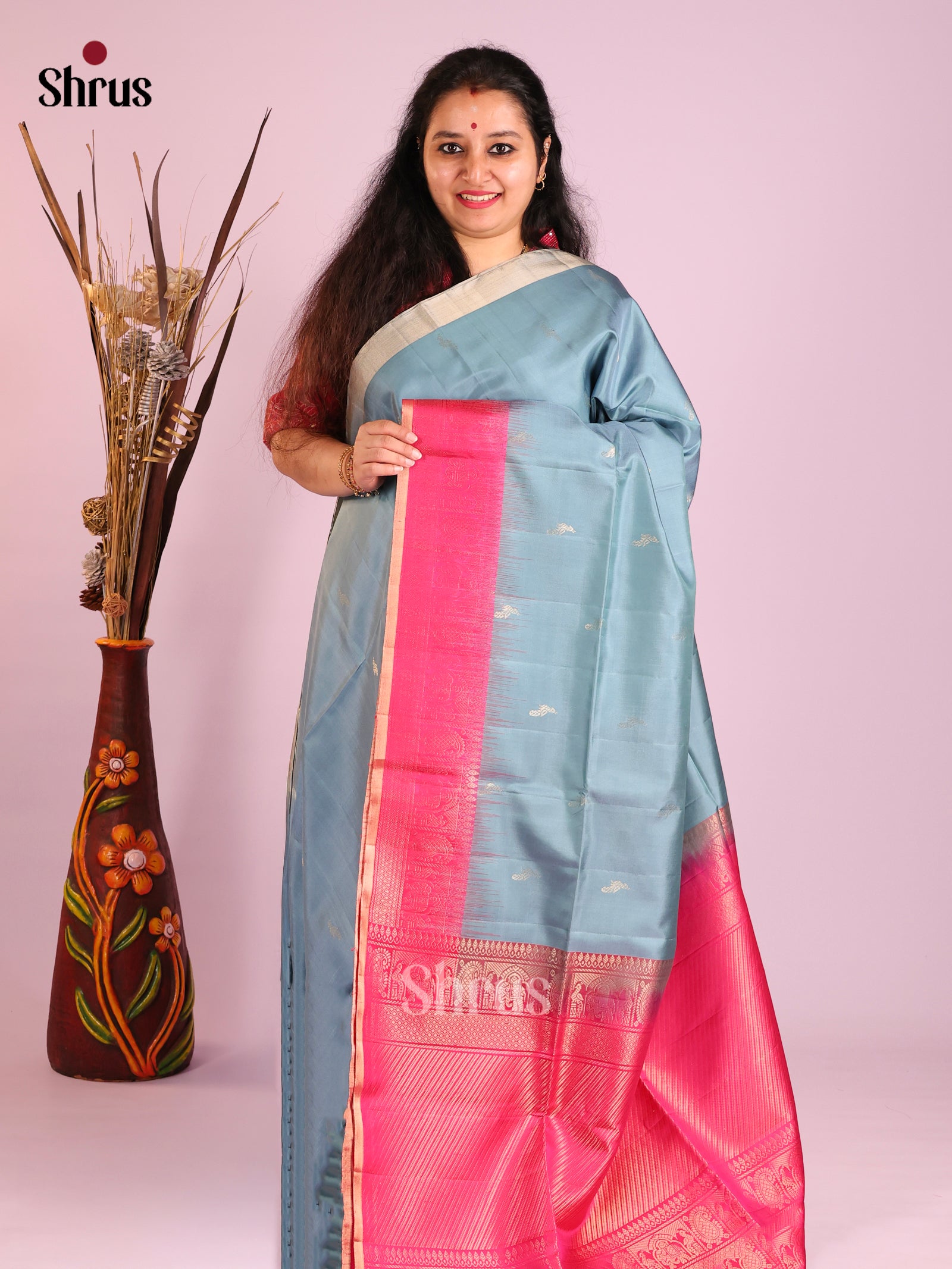 Elegant Steel Blue Soft Silk Saree With Peacock Buttas & Pink Brocade Pallu