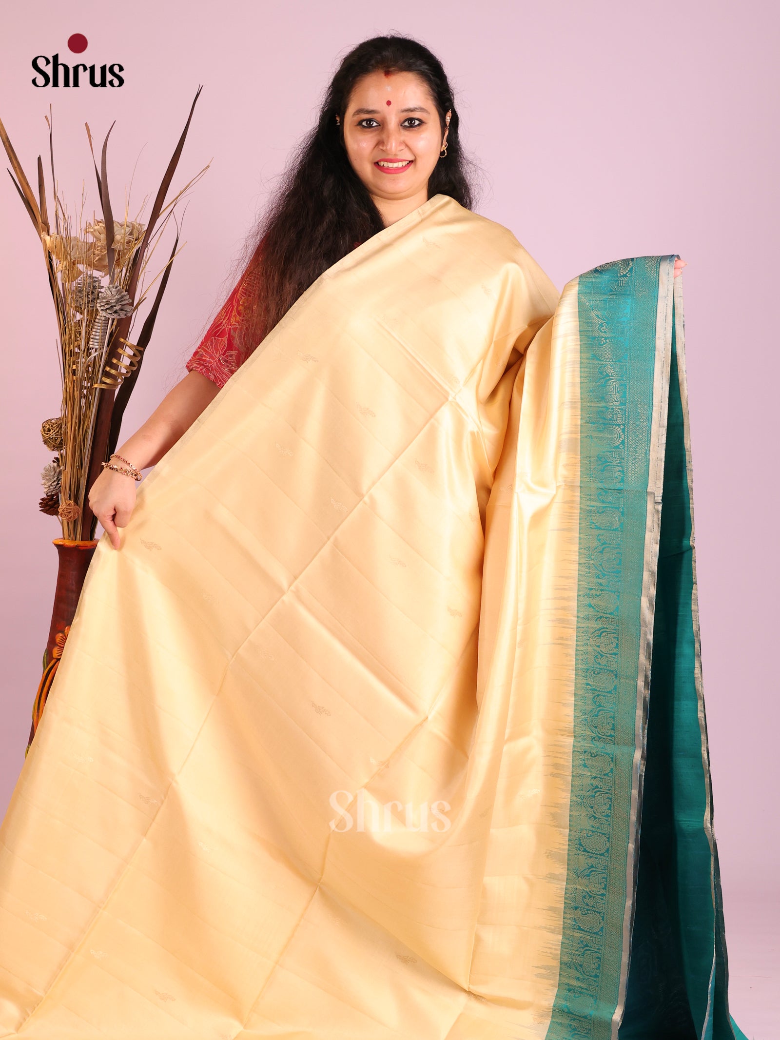 Enchanting Cream Soft Silk Saree with Teal zari border With elephant buttas 1