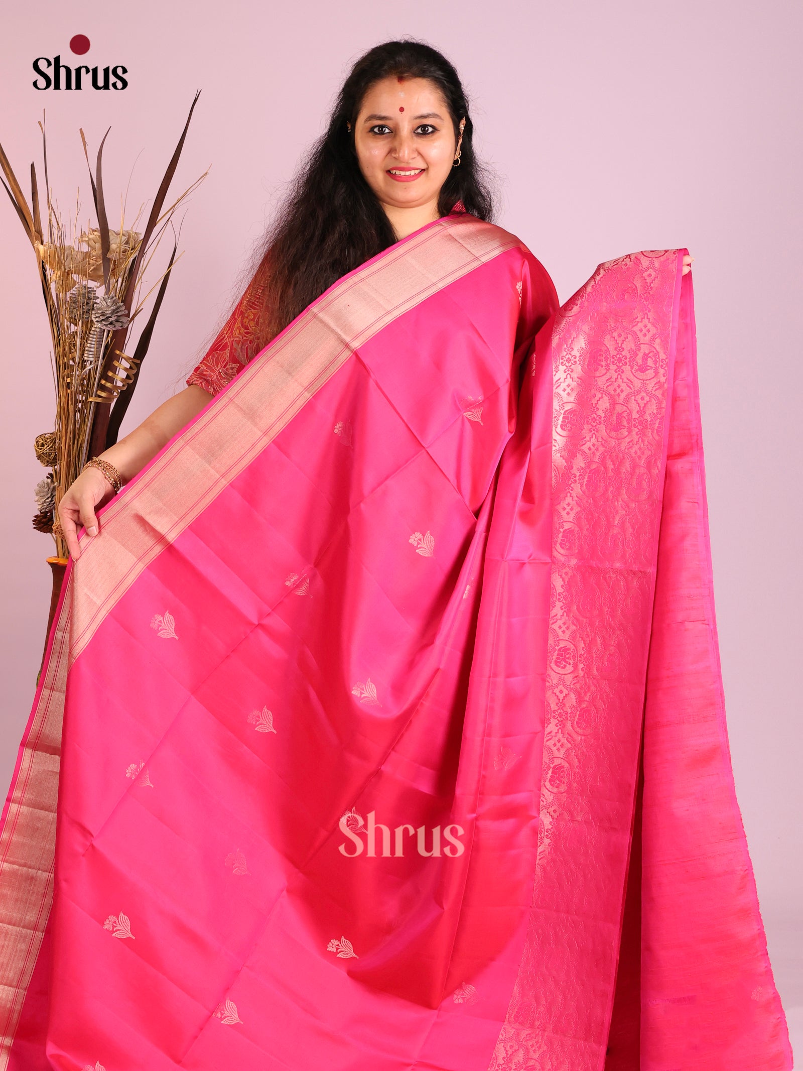 Charming Pink Soft Silk Saree with Zari Buttas & rich flora fauna border 1