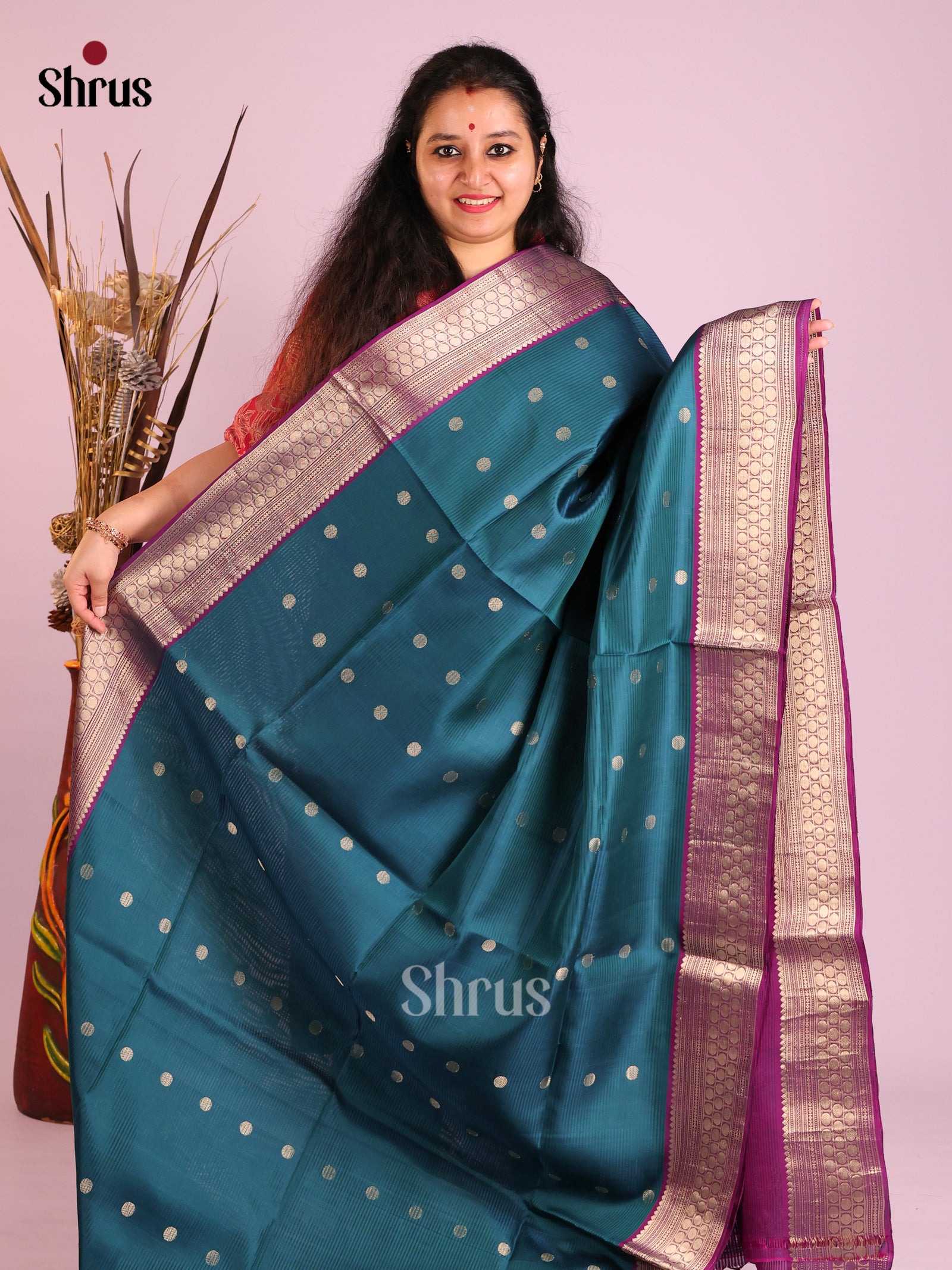chic Peacock Blue Soft Silk Saree with rudraksh buttas & Purple Brocade Pallu 1
