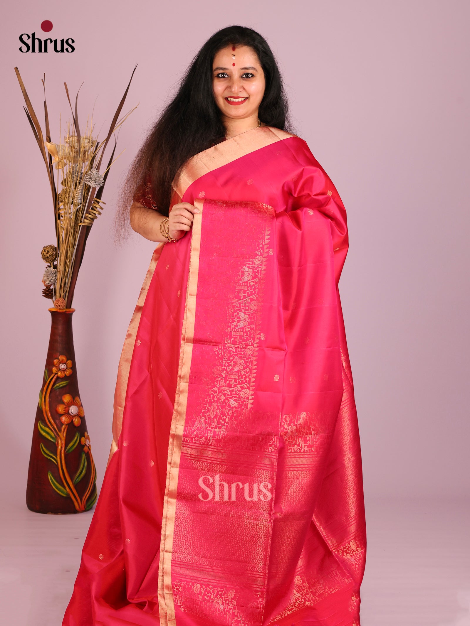 Charming Pink Soft Silk Saree with Gold Buttas & bird Motifs brocade border