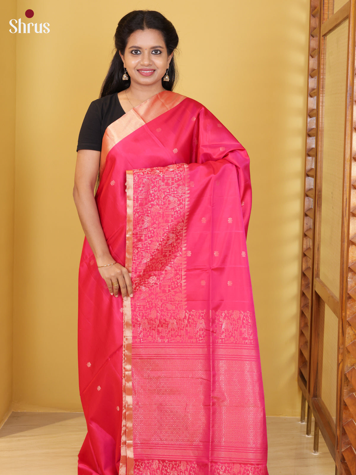 Charming Pink Soft Silk Saree with Gold Buttas & bird Motifs brocade border - Shop on Shrus.com