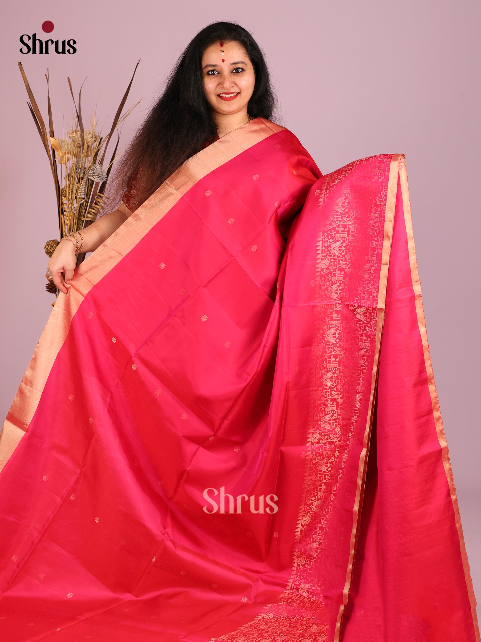 Charming Pink Soft Silk Saree with Gold Buttas & bird Motifs brocade border 1