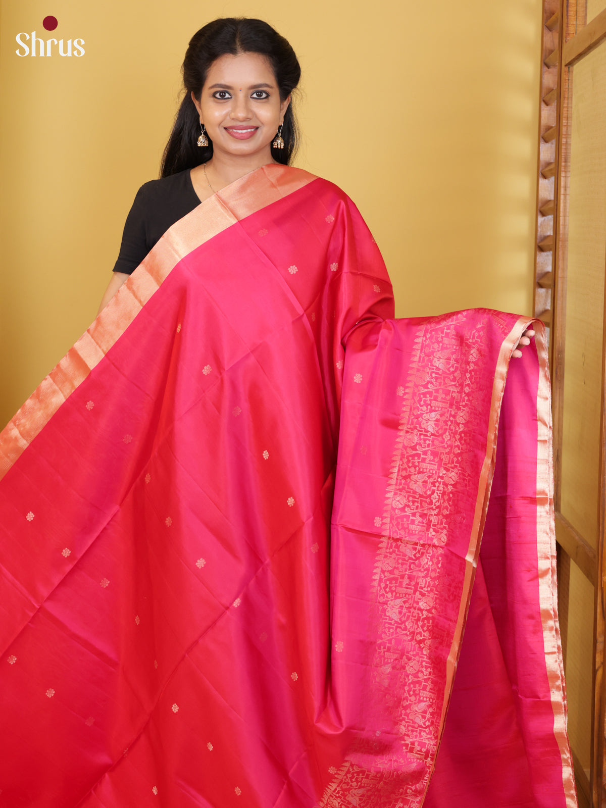 Charming Pink Soft Silk Saree with Gold Buttas & bird Motifs brocade border - Shop on Shrus.com