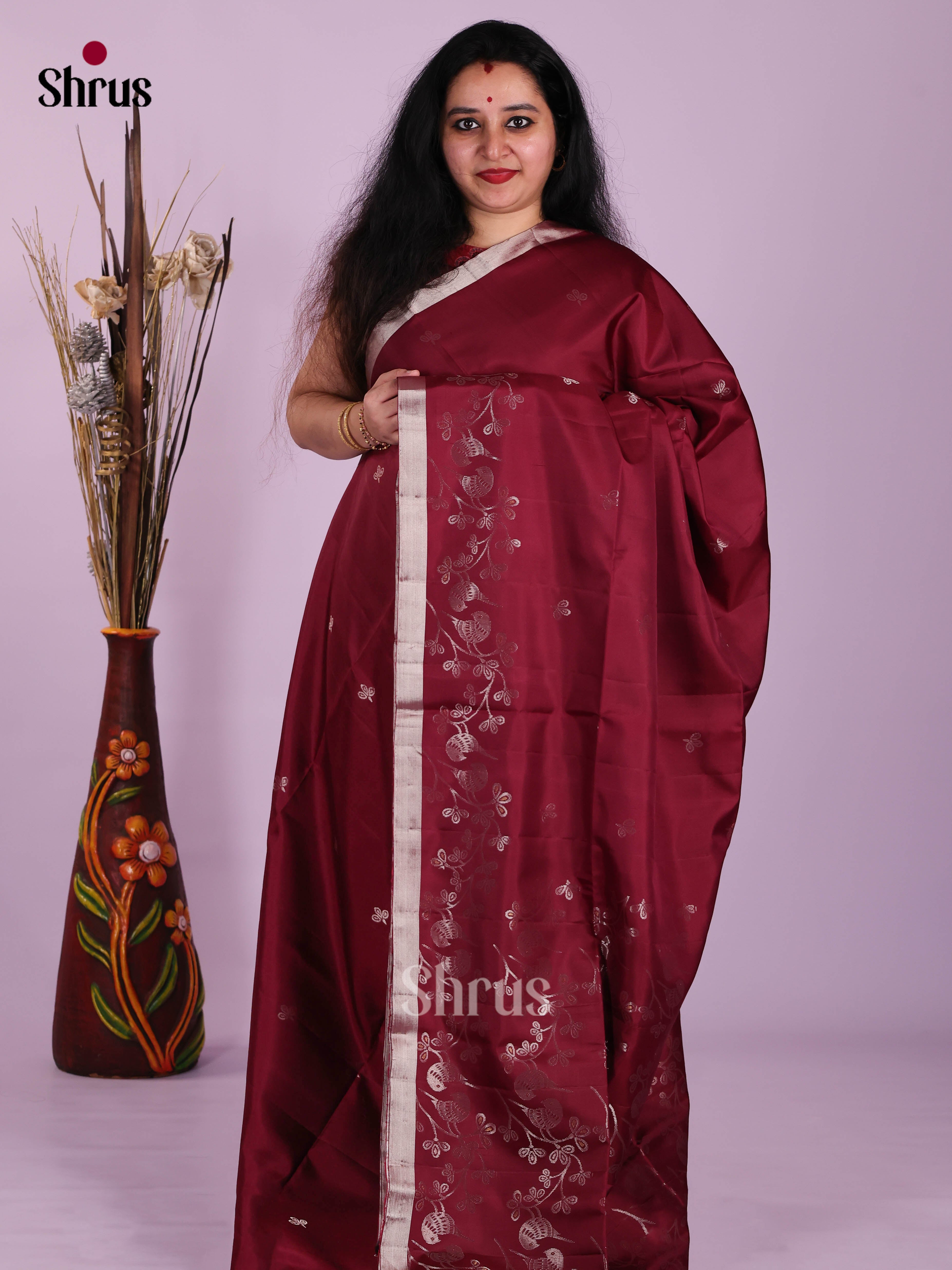 Classy Maroon Soft Silk Saree with silver floral vines zari border