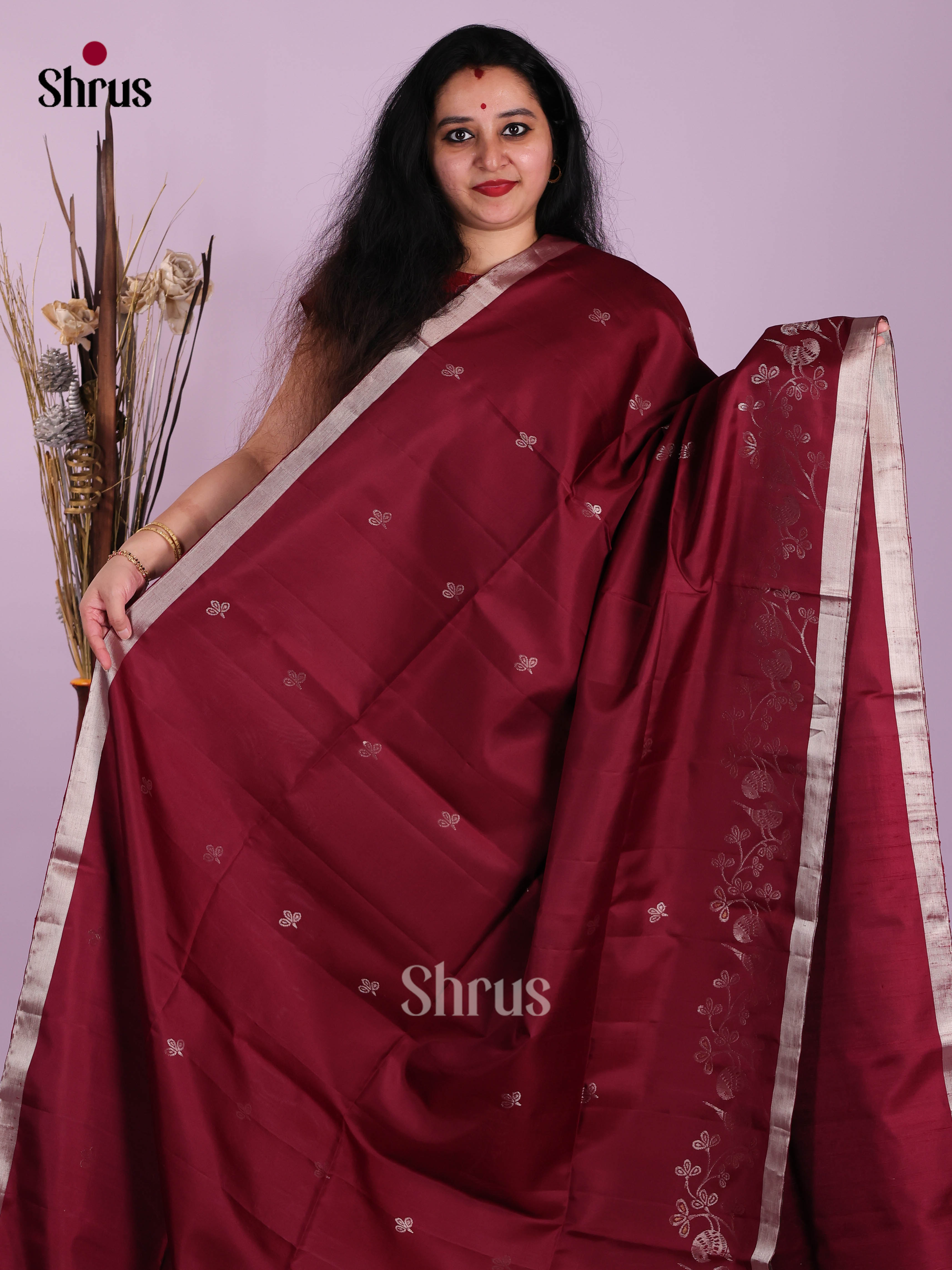 Classy Maroon Soft Silk Saree with silver floral vines zari border