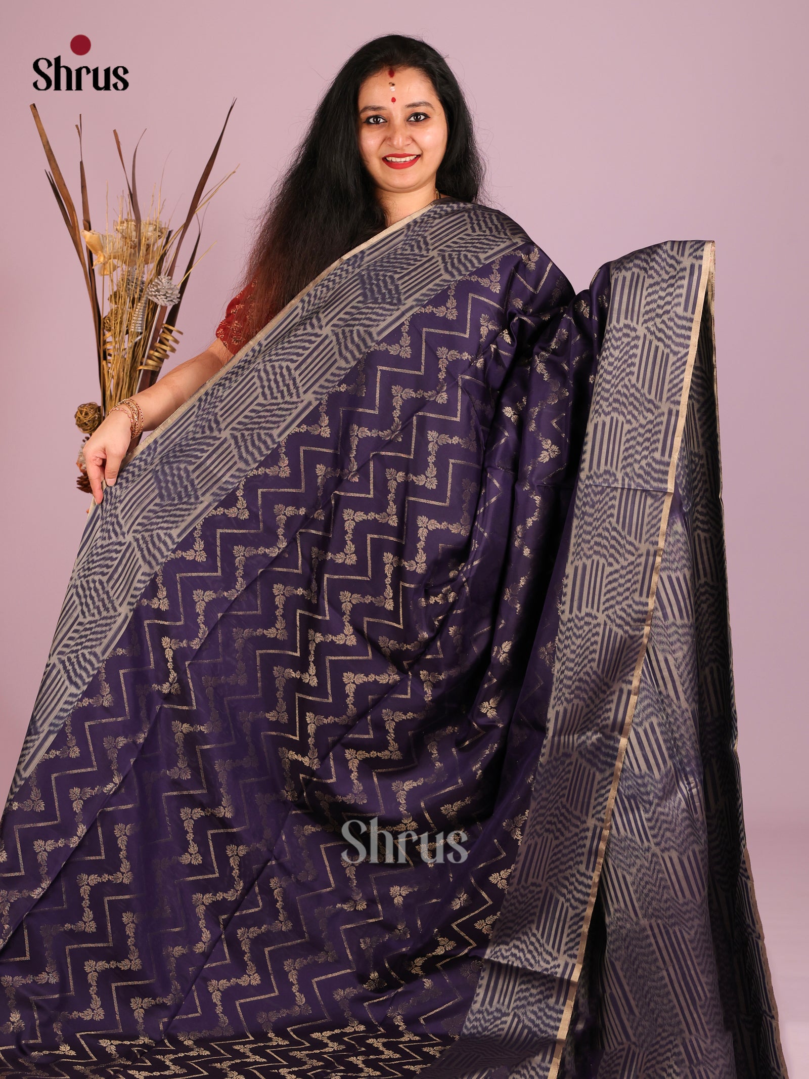 Elegant Navy Blue Soft Silk Saree with Zig Zag zari stripes & ikkat border 1