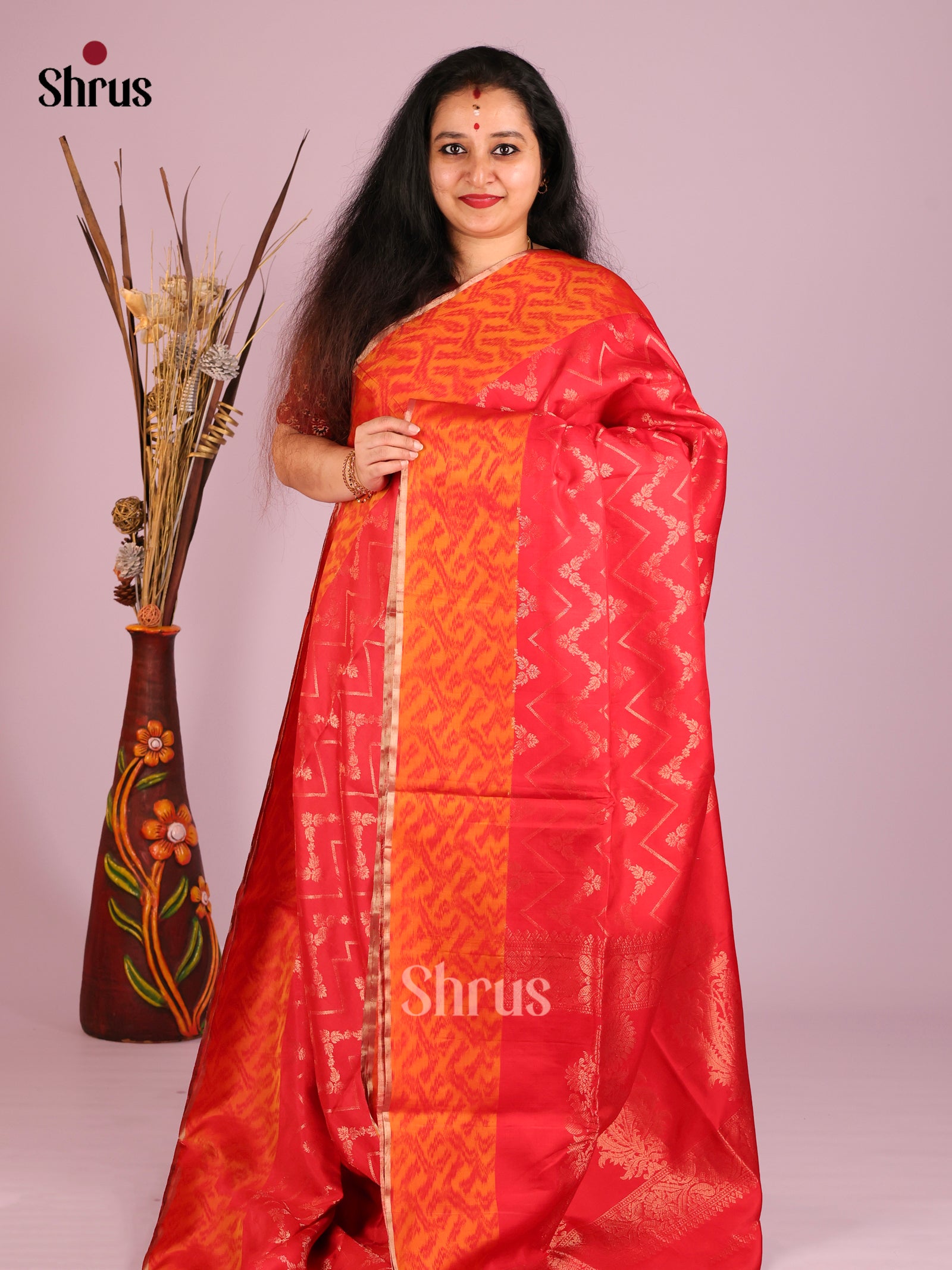 Graceful Red Soft Silk Saree with Zig Zag wavy stripes & Orange Ikkat Border