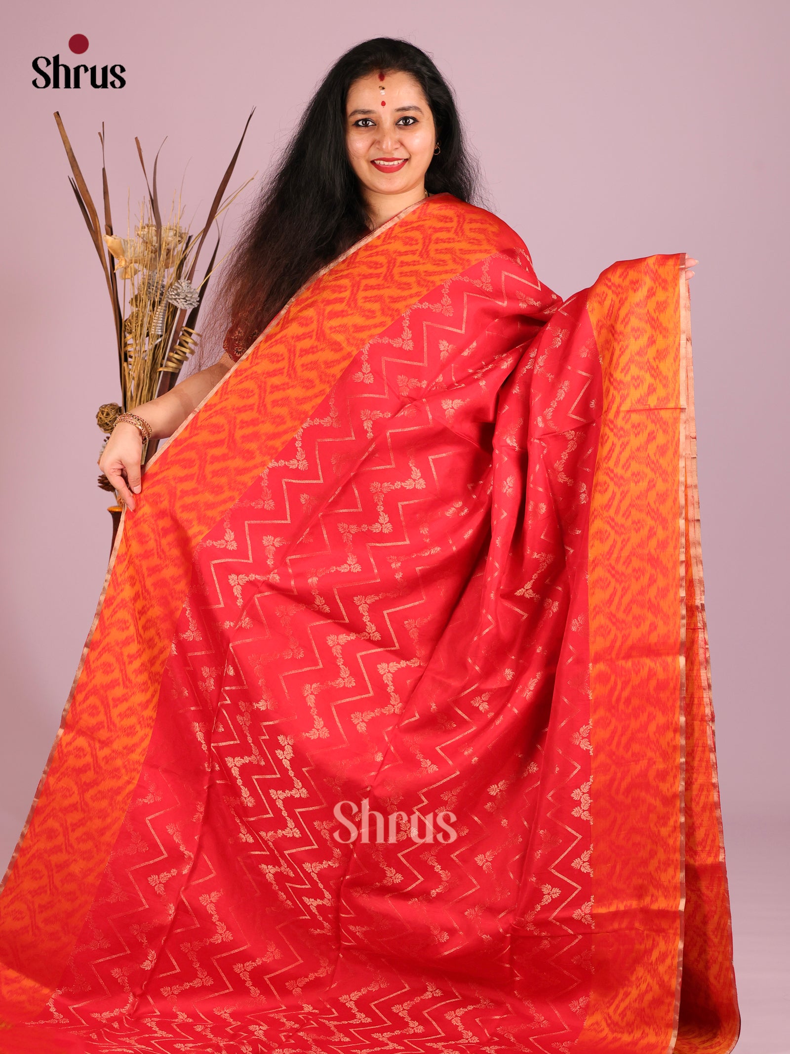 Graceful Red Soft Silk Saree with Zig Zag wavy stripes & Orange Ikkat Border 1