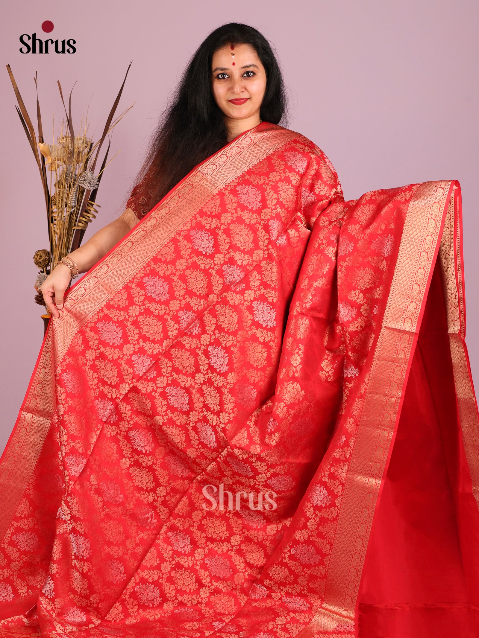 Exquisite Red Soft Silk saree with floral nestling brocade & Zari woven Border 1