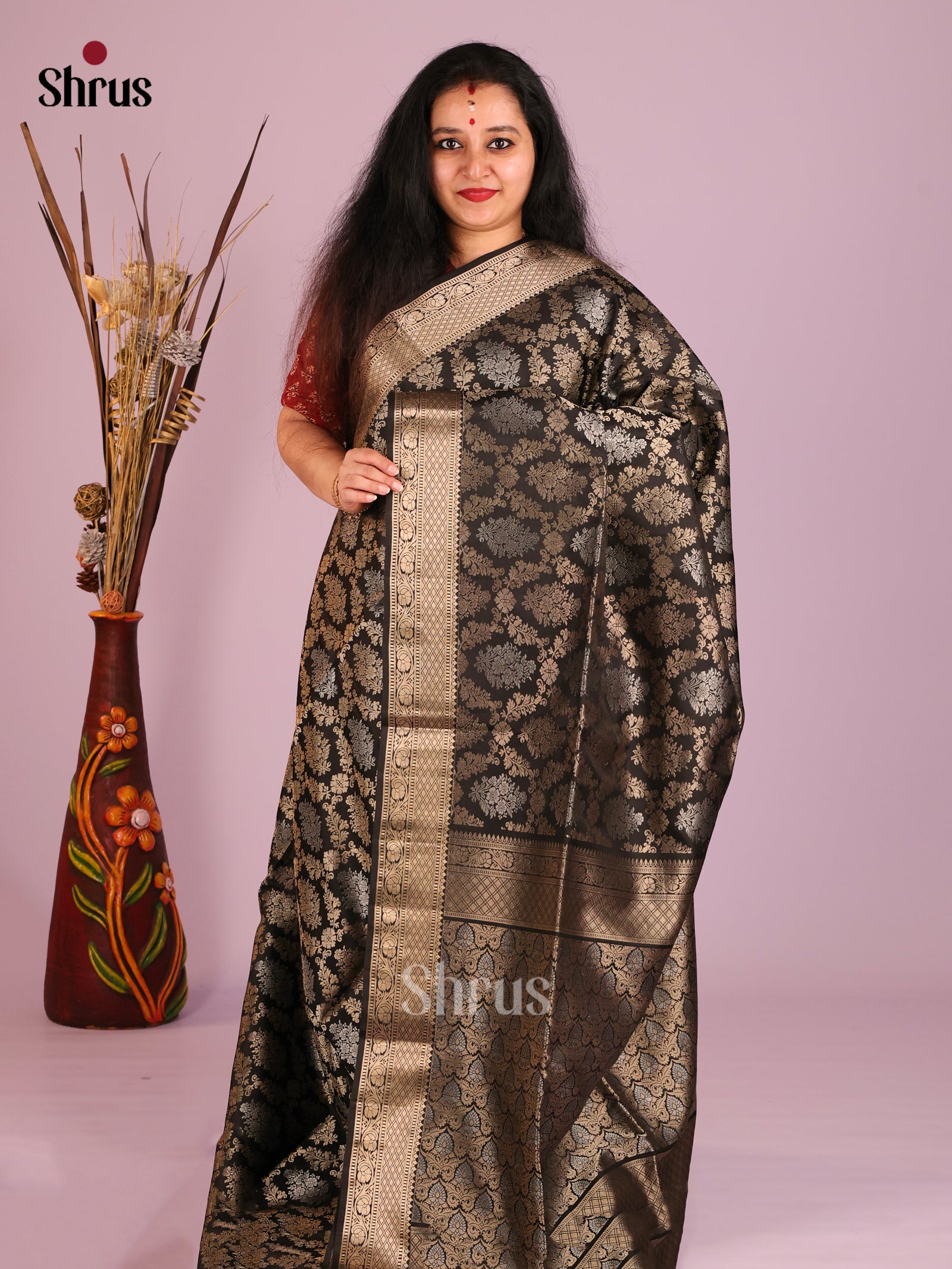 Stunning Black Soft Silk Saree with gold & silver zari Woven floral brocade