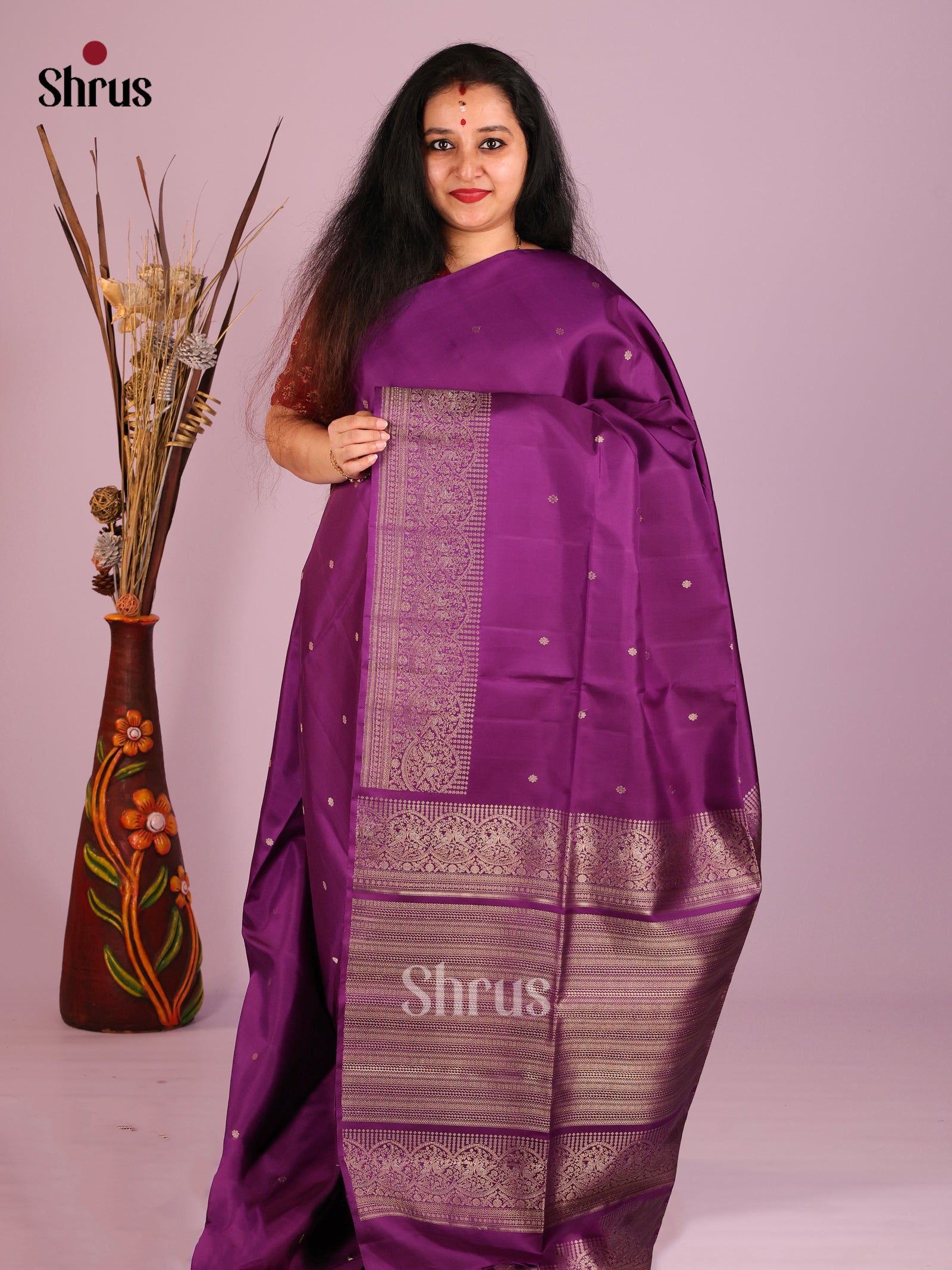 Lustrous Purple Soft Silk Saree with Gold Buttas & zari Woven Peacock border