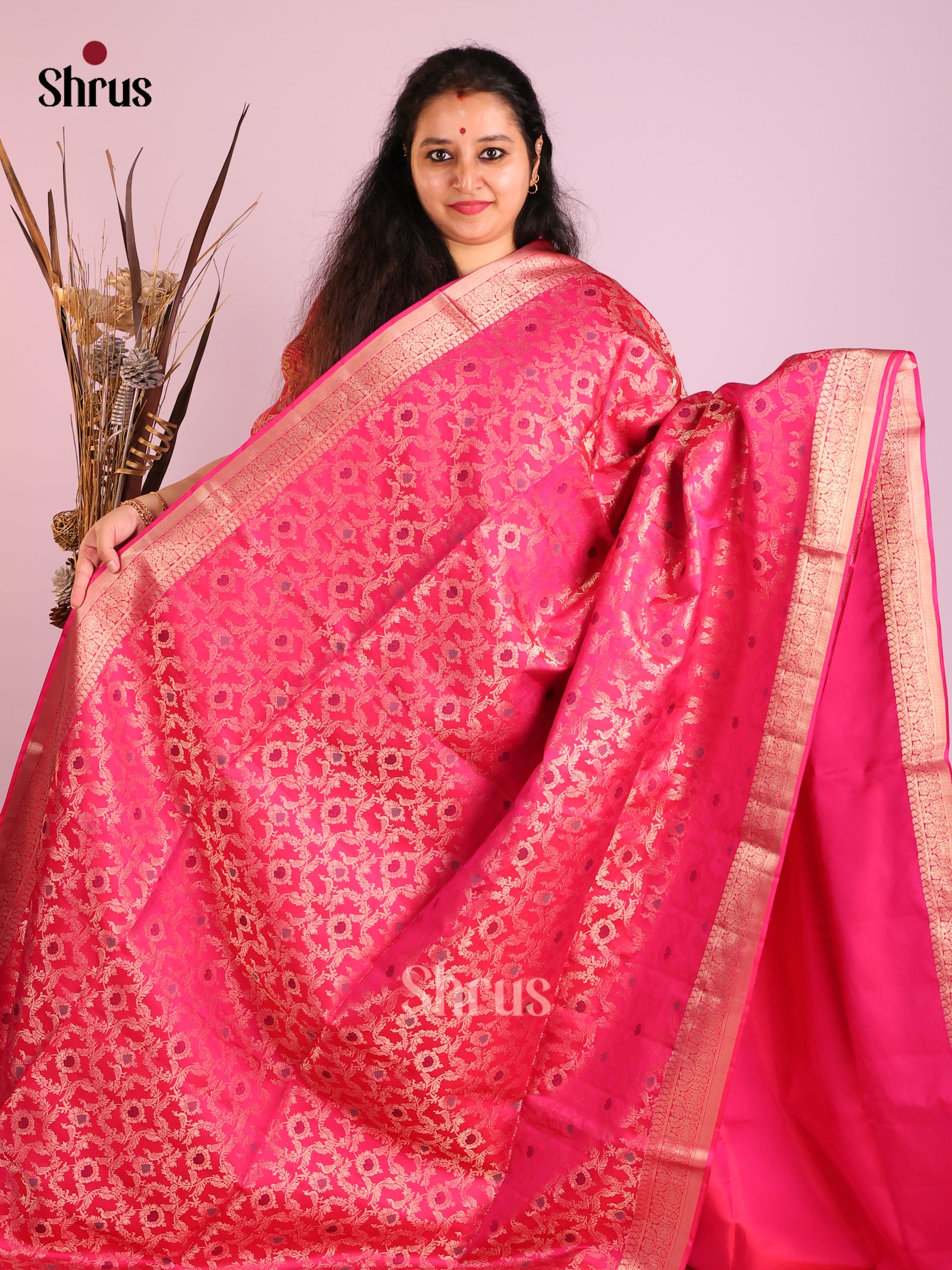 Opulent Pink Soft Silk Saree with zari floral nestling brocade & meenakari detailing 1