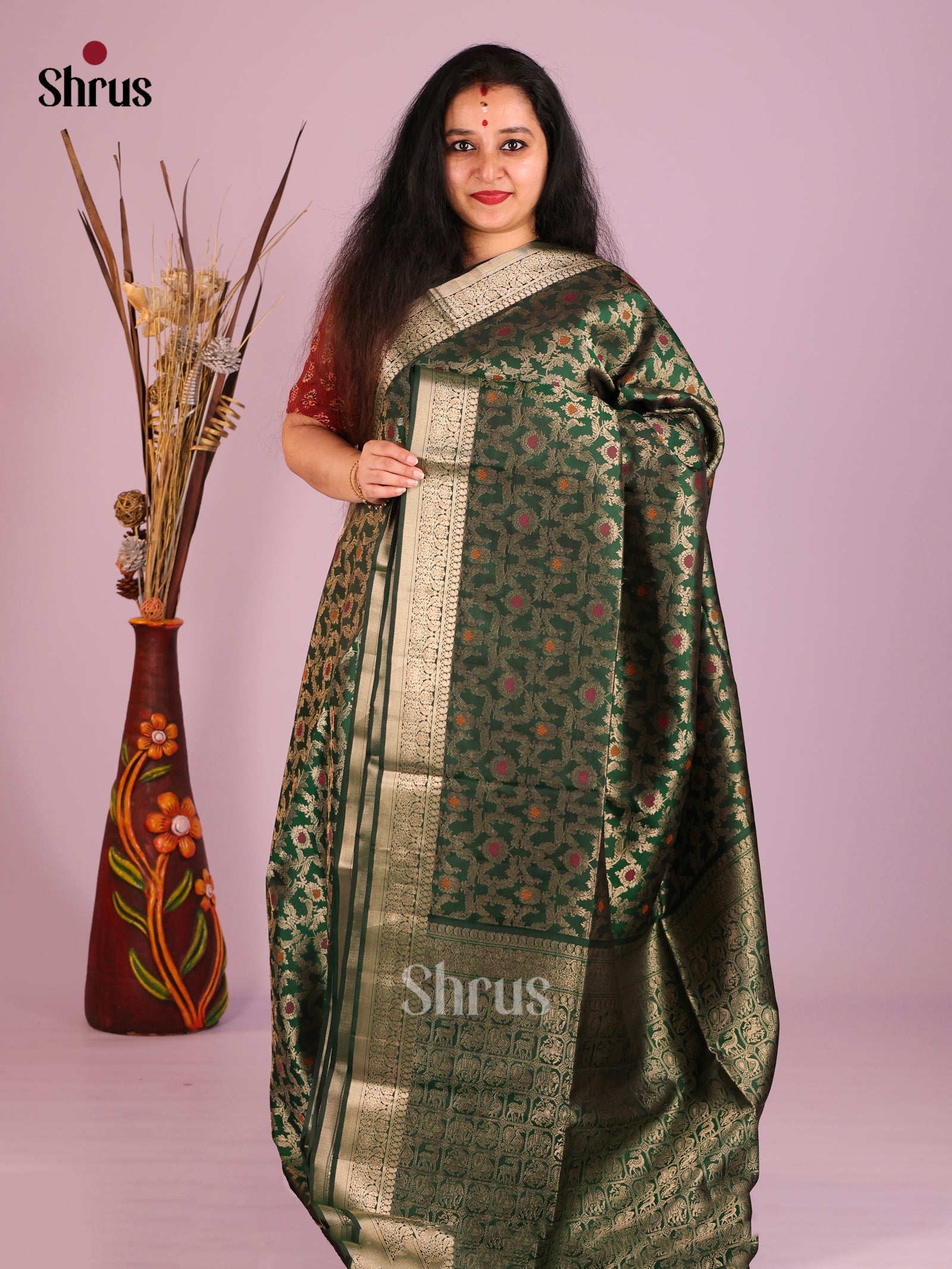 Enchanting Green Soft Silk Saree with gold floral nestling brocade & Meenakari Detailing