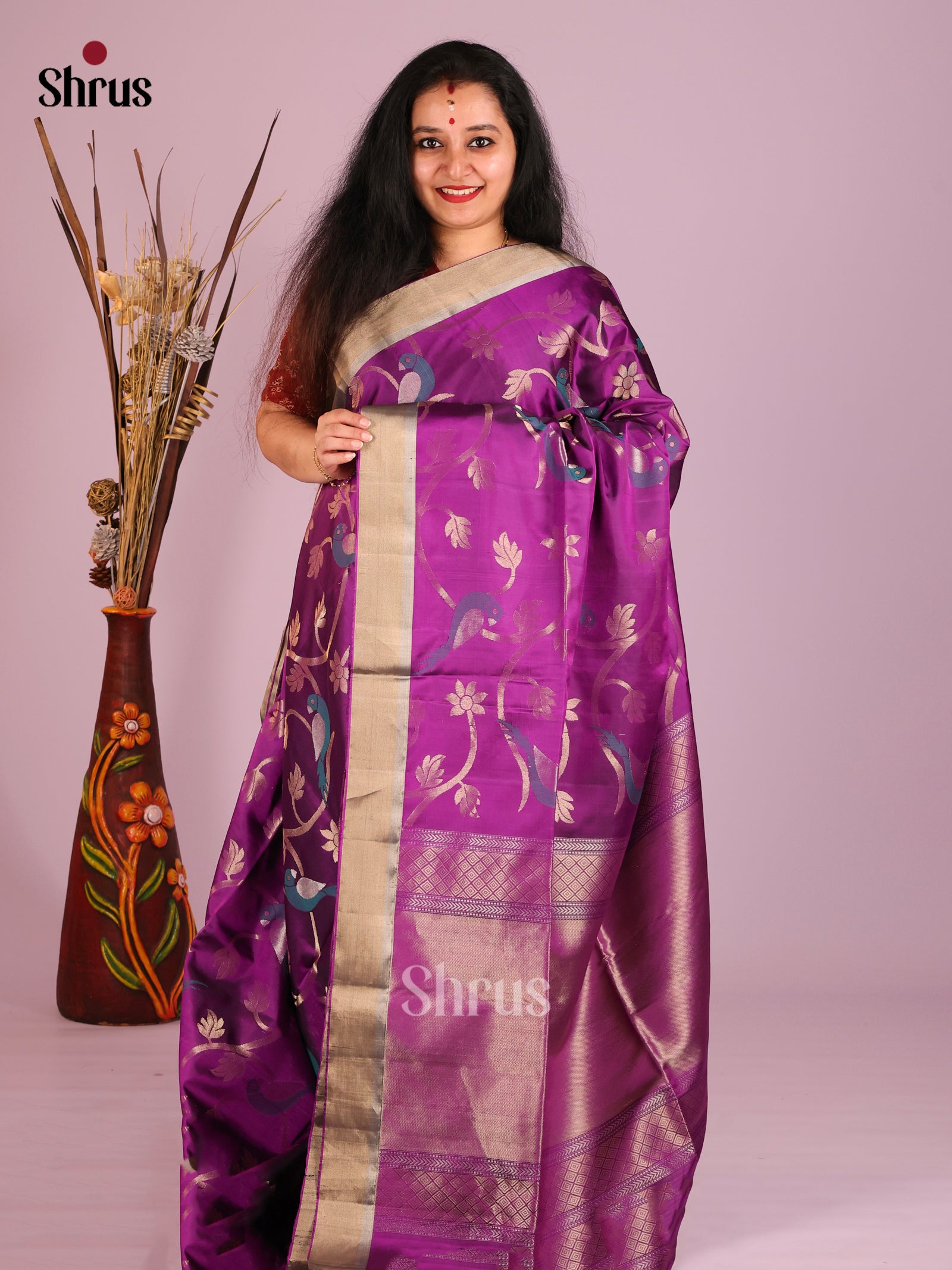 Regal Purple Soft Silk Saree with Flowers & birds Zari Motifs & Brocade Pallu