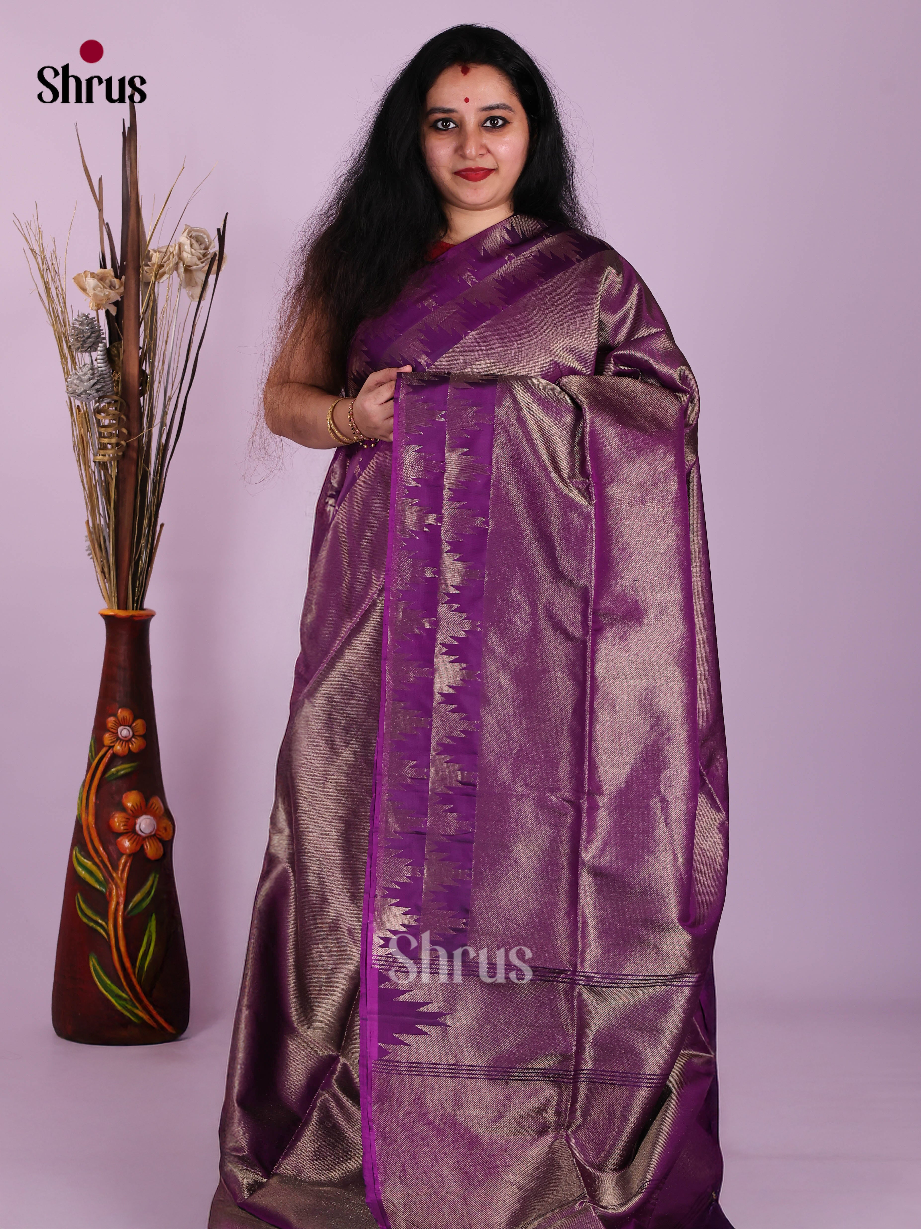 Sheeny Violet Soft Silk Saree with Zari Brocade Body & thazhamboo motifs border