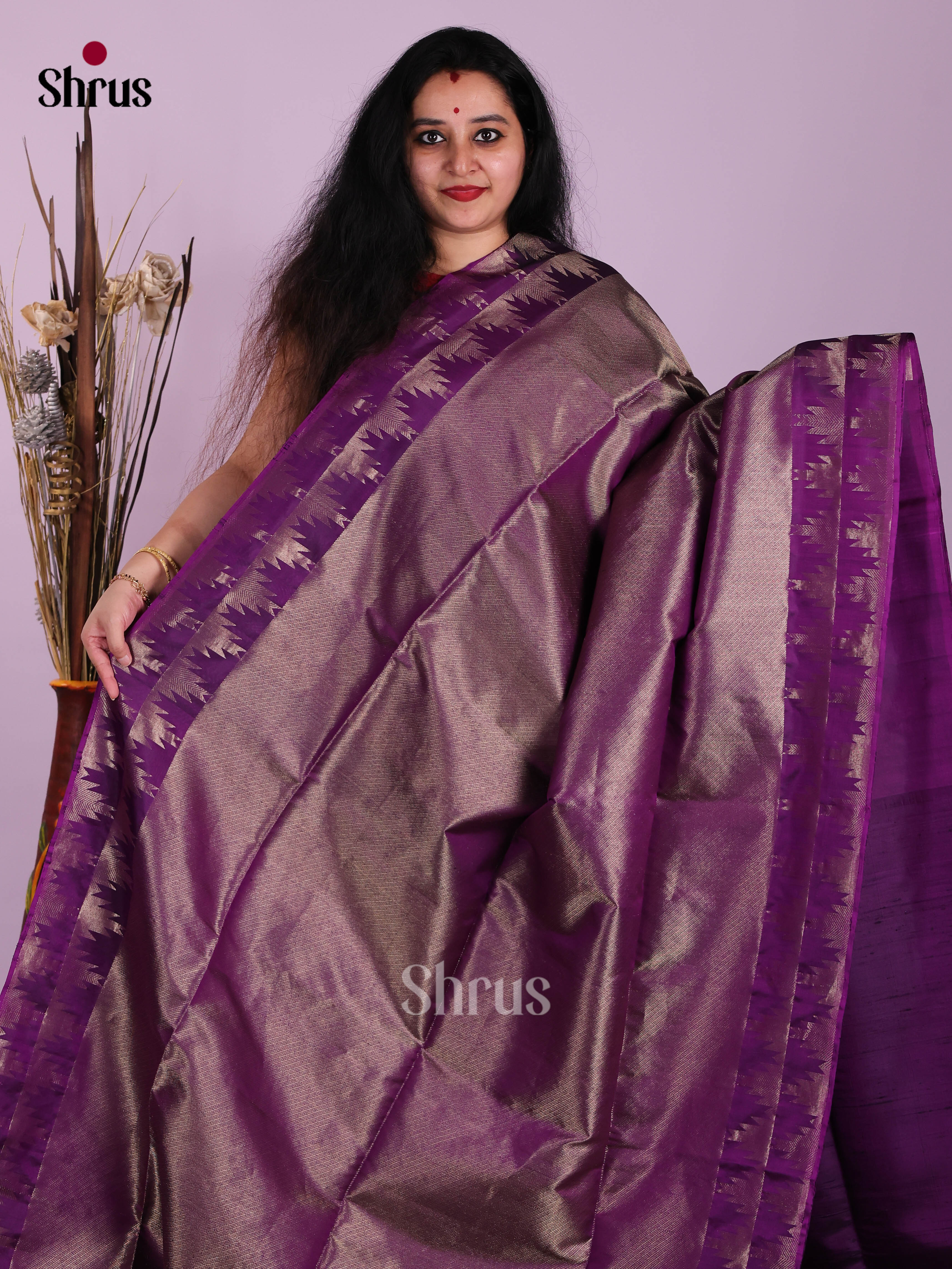 Sheeny Violet Soft Silk Saree with Zari Brocade Body & thazhamboo motifs border