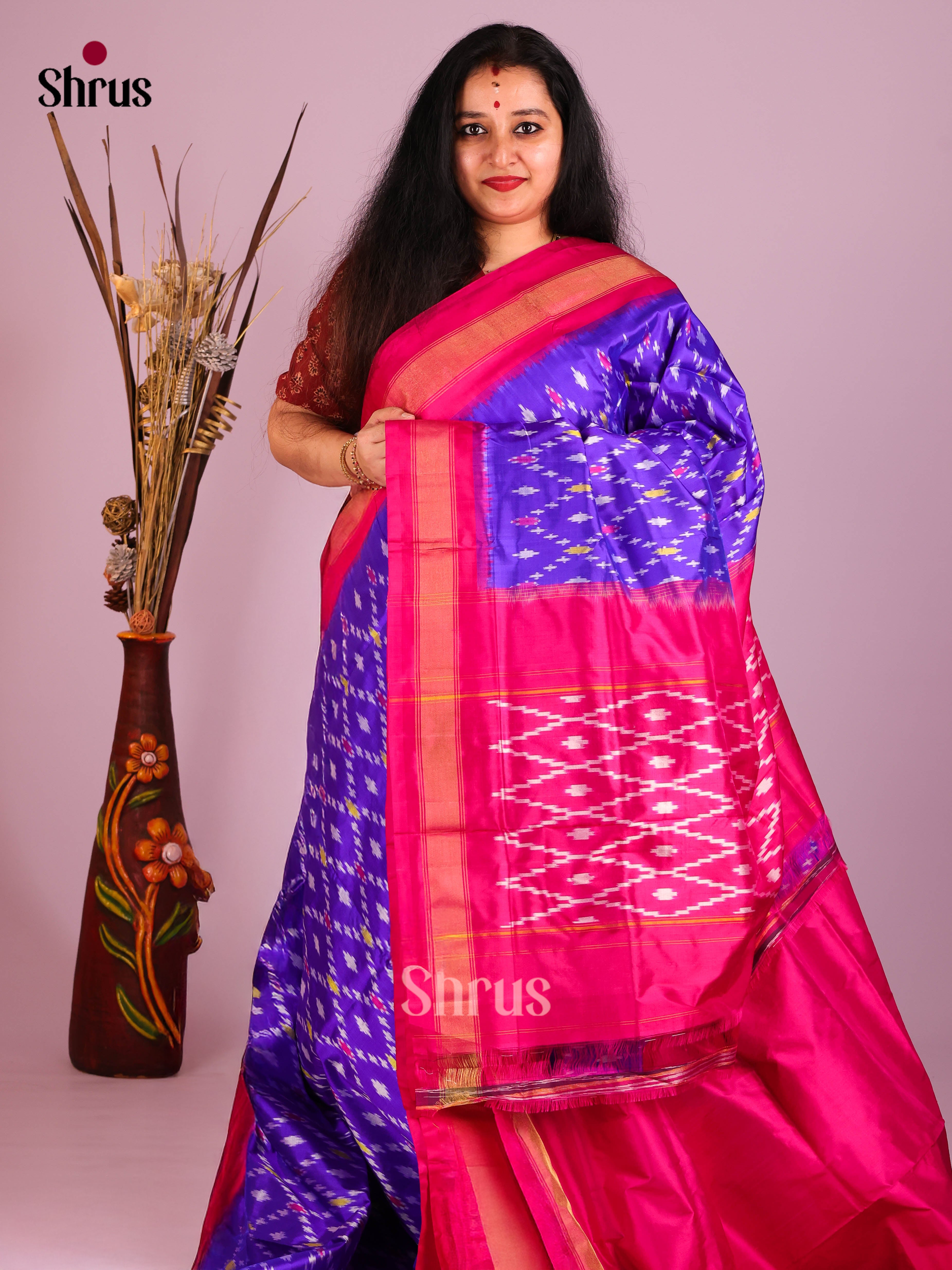 Blue & Pink - Ikkat Silk Saree