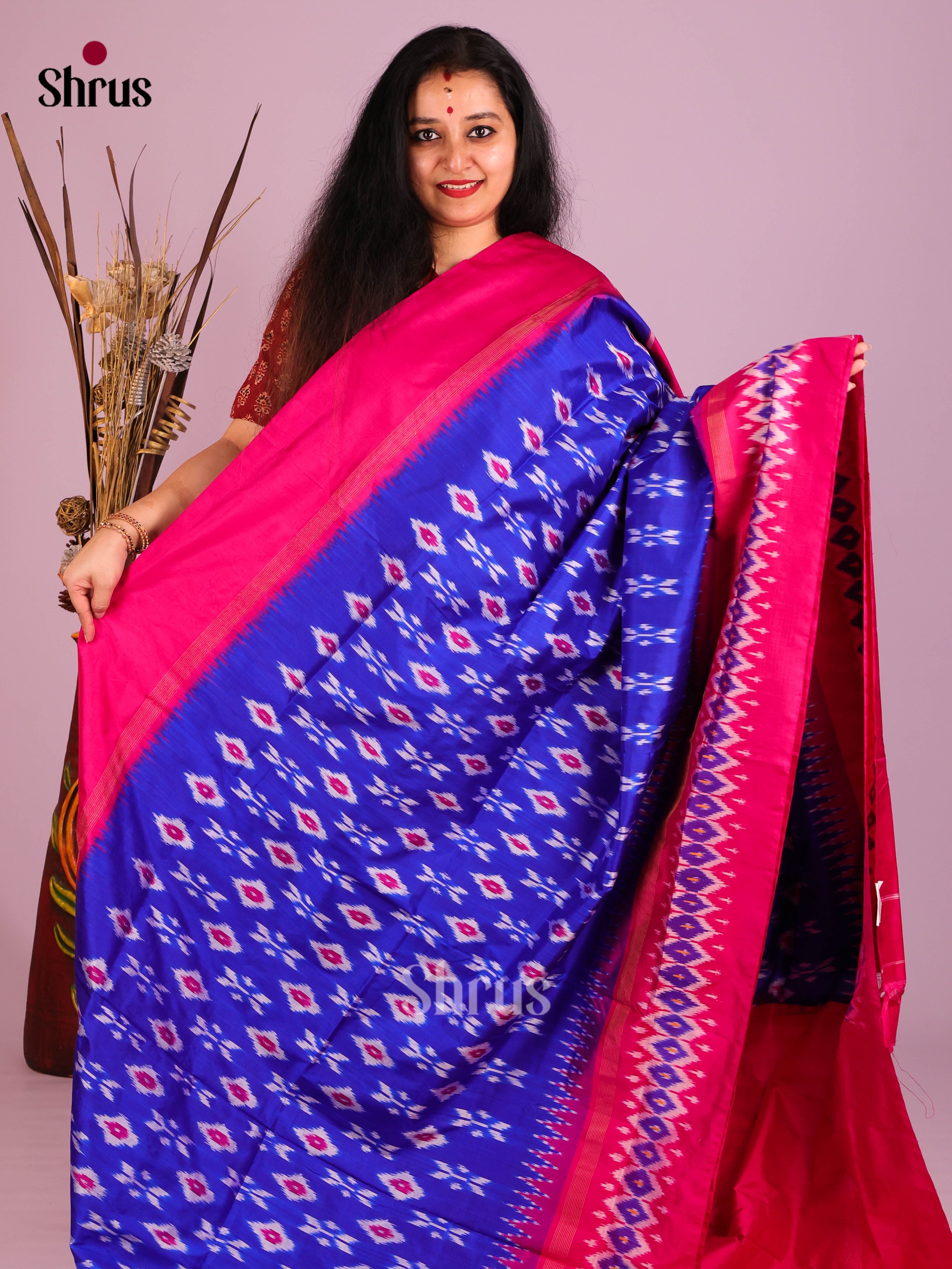 Blue & Pink - Ikkat Silk Saree