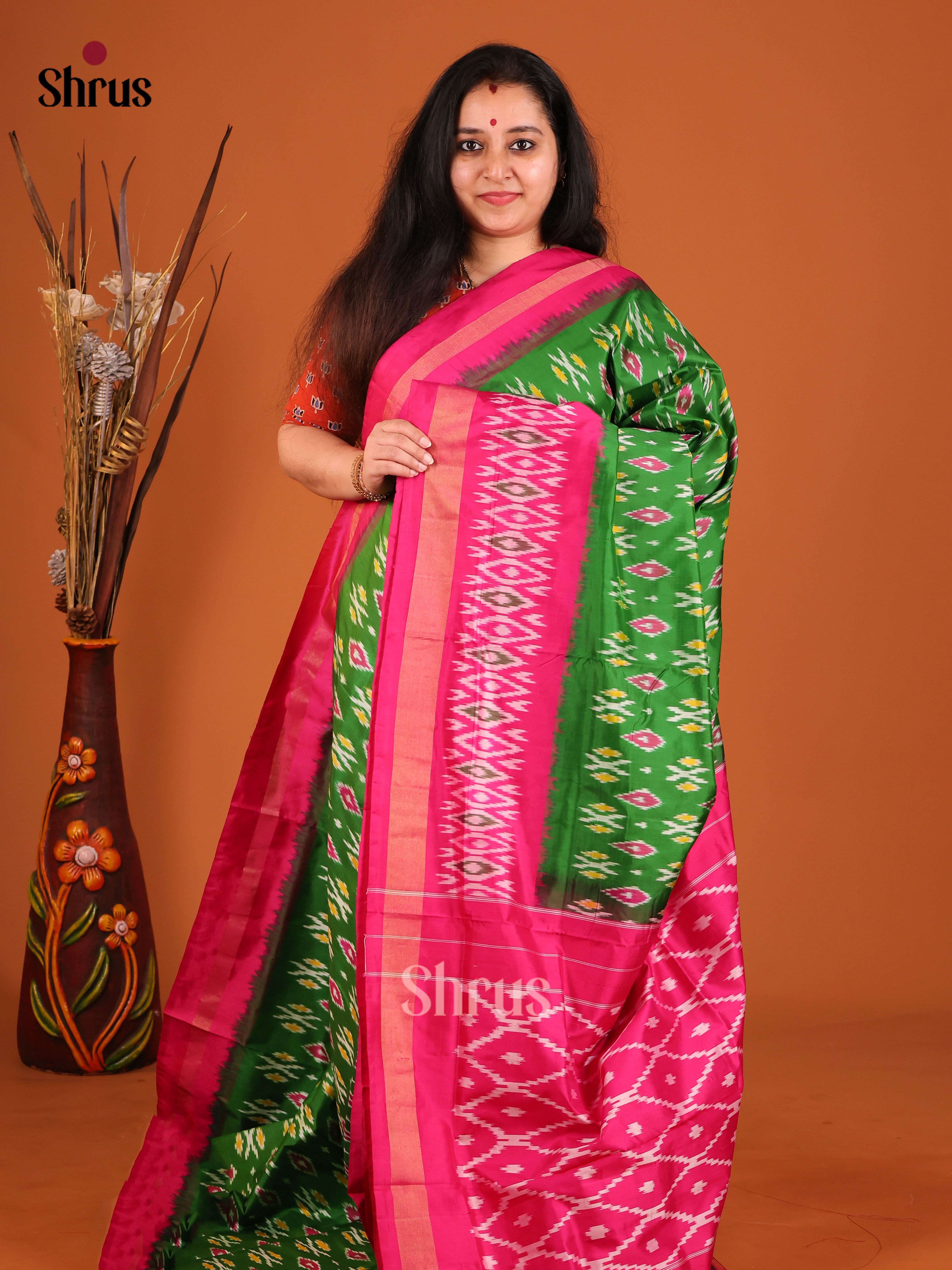 Green & Pink - Ikkat Silk Saree