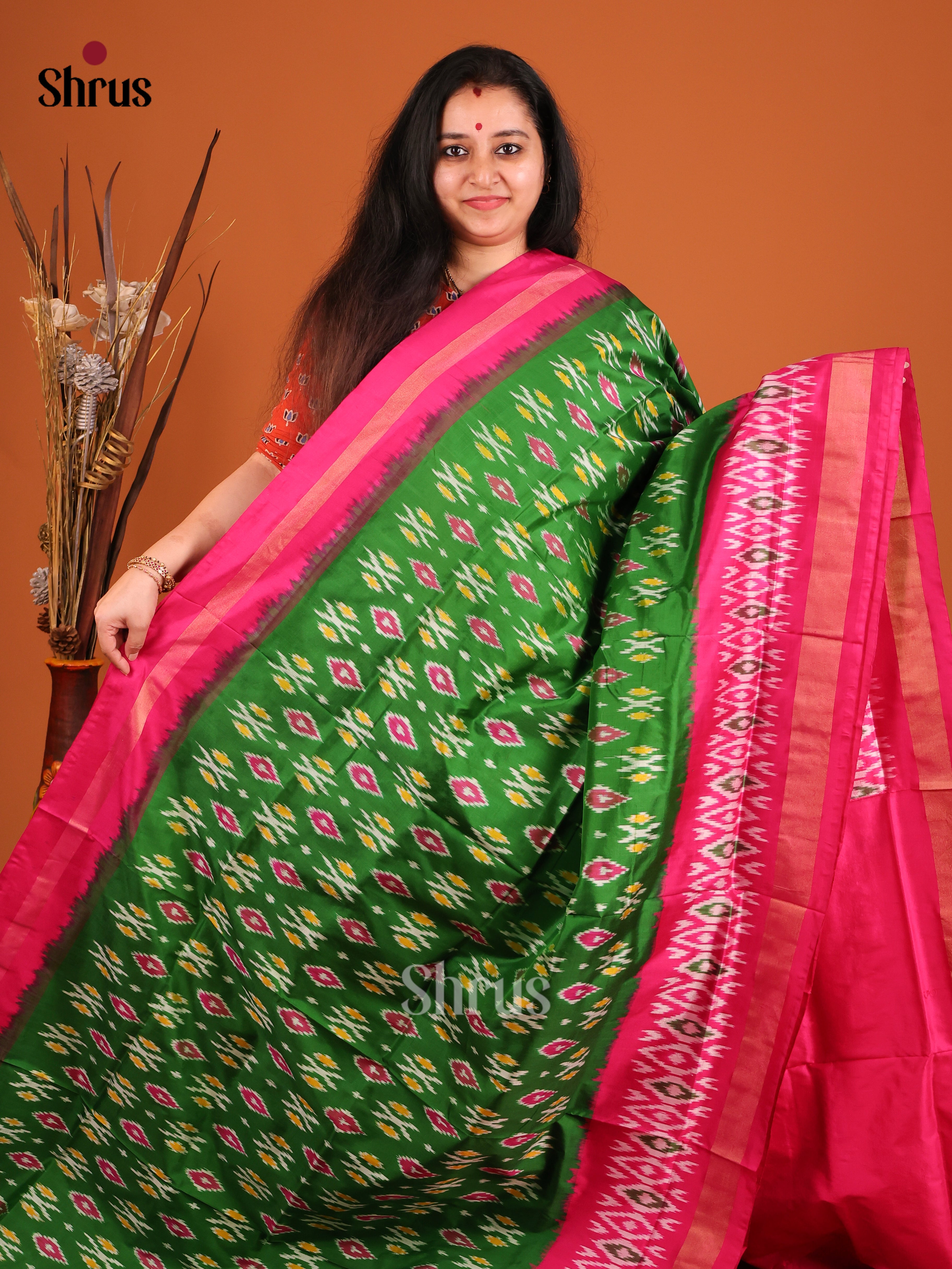 Green & Pink - Ikkat Silk Saree