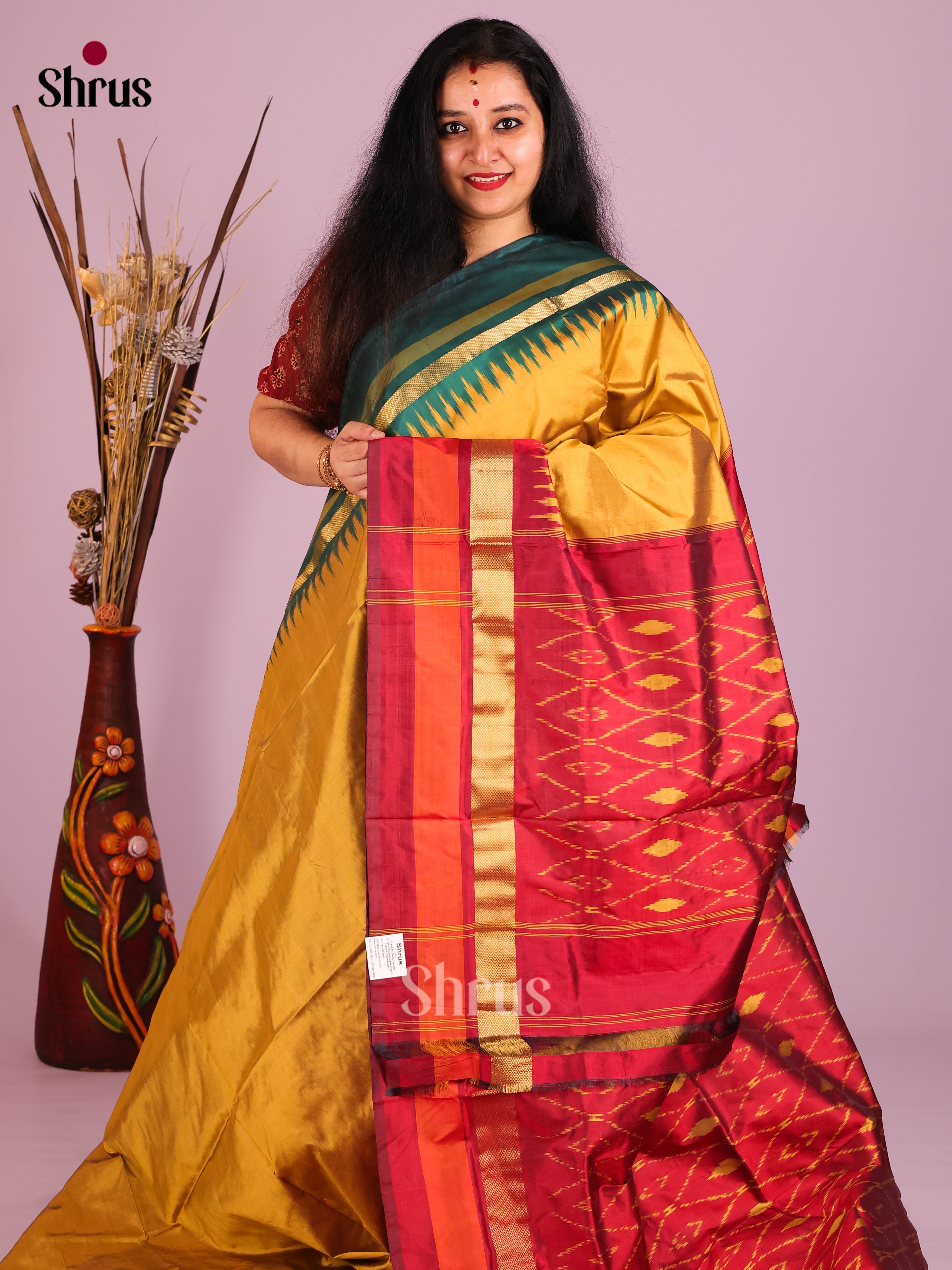 Mustard & Maroon - Ikkat Silk Saree - Shop on Shrus.com