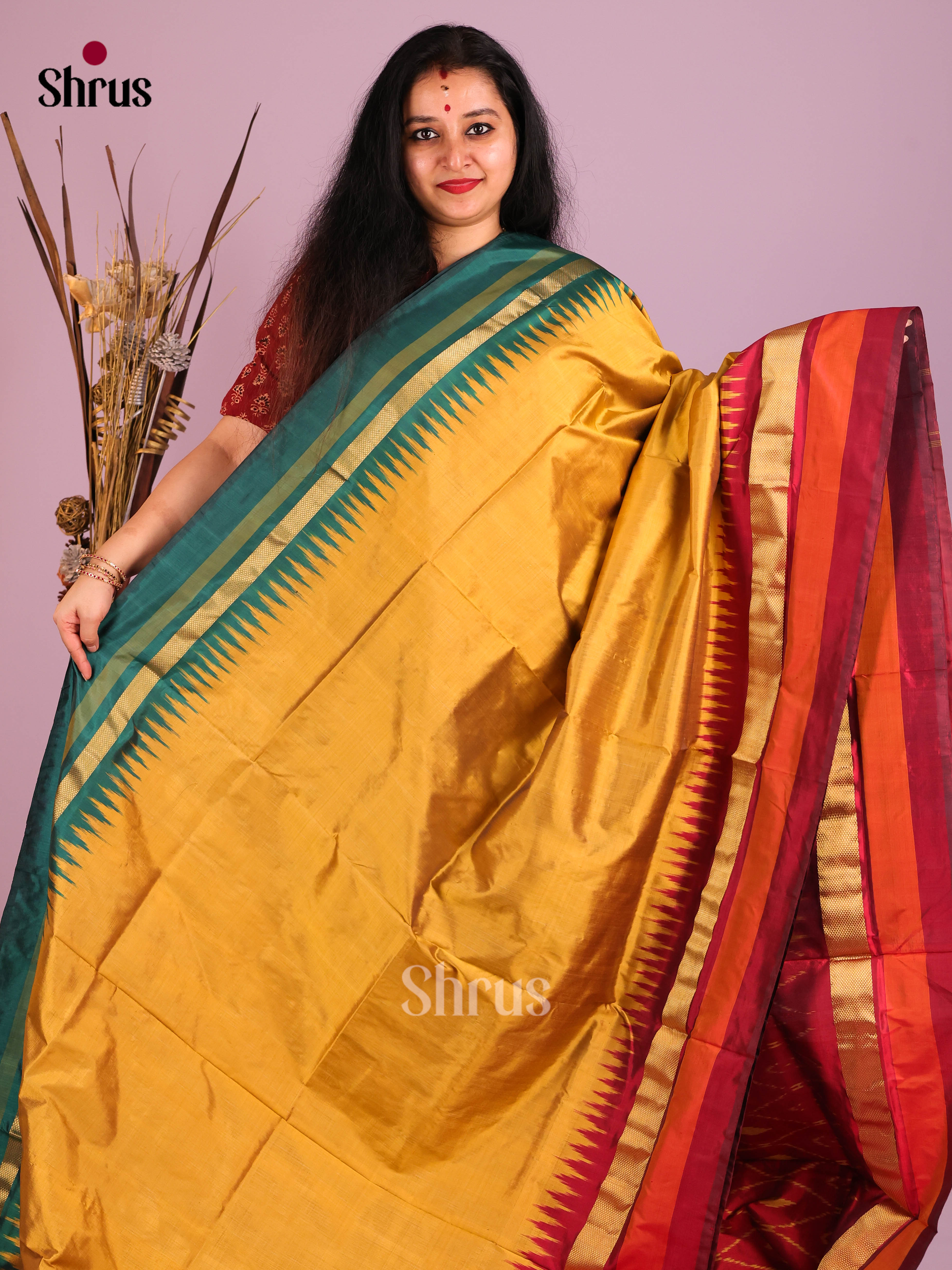 Mustard & Maroon - Ikkat Silk Saree - Shop on Shrus.com