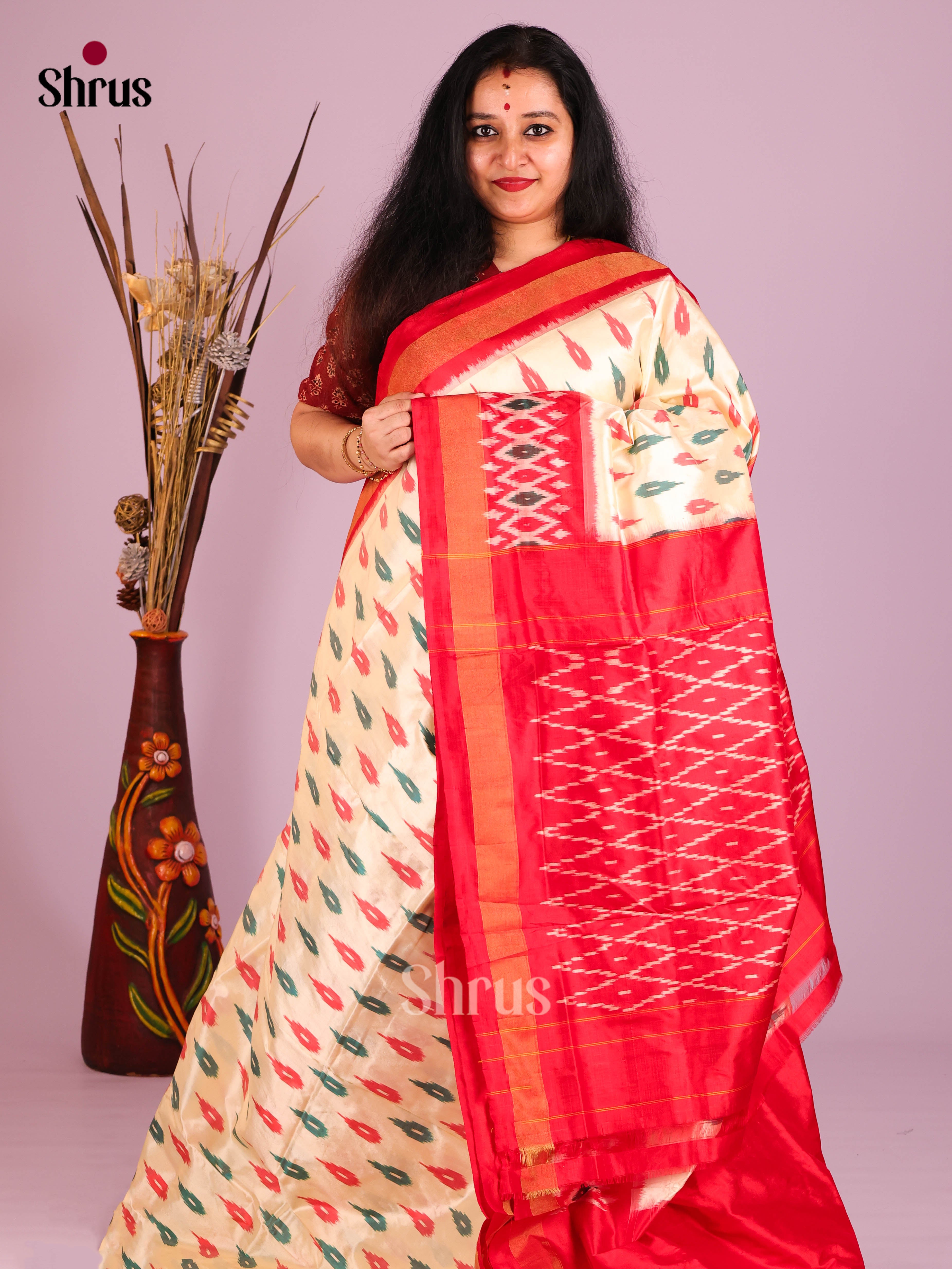 Cream & Red - Ikkat Silk Saree